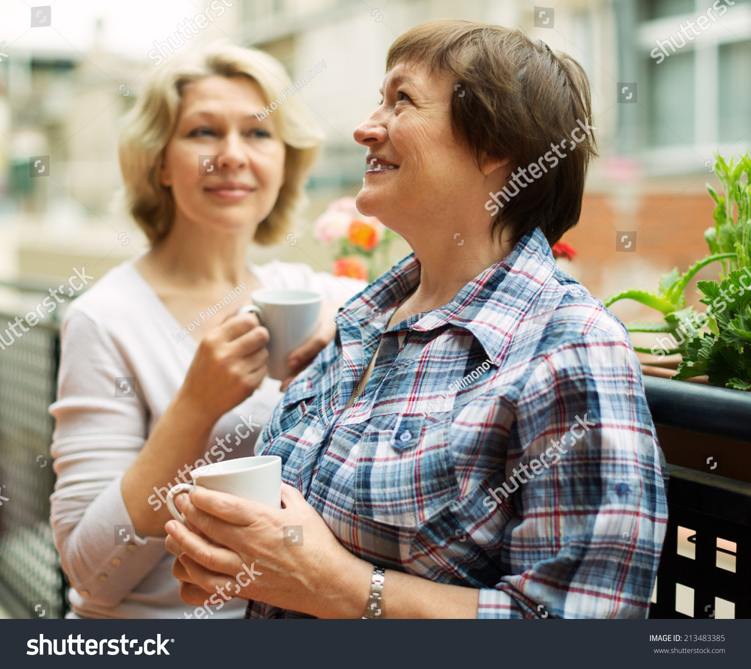 Two Elderly Housewives Enjoying Tea Terrace Stock Photo (Royalty ...