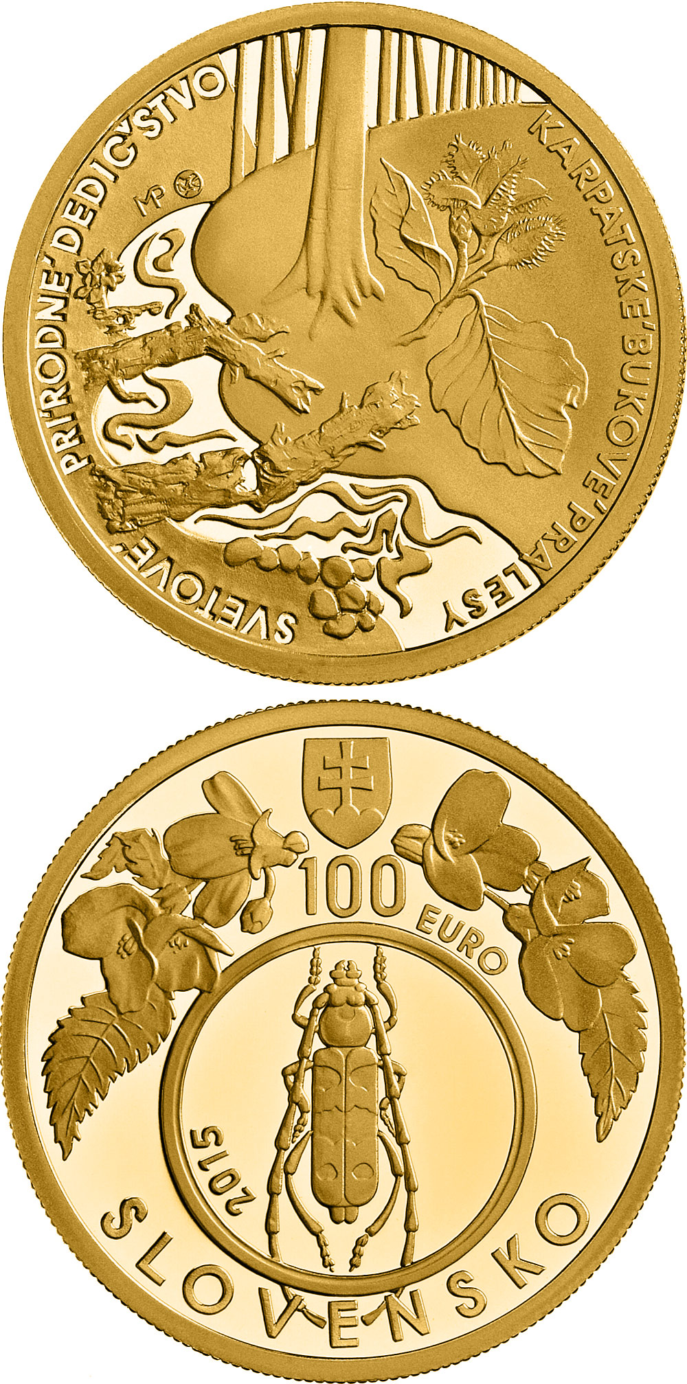 Gold 100 euro coins. The 100 euro coin series from Slovakia