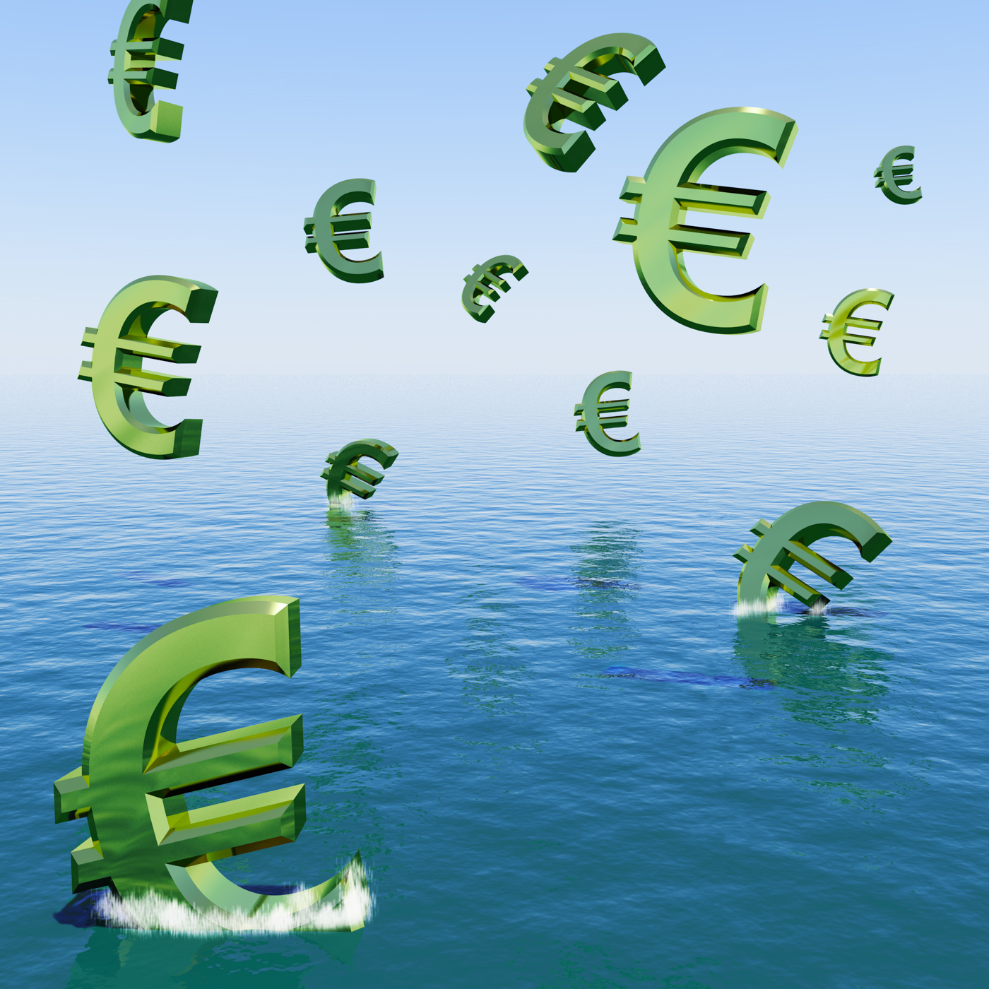 Euros falling in the sea showing depression recession and economic dow photo