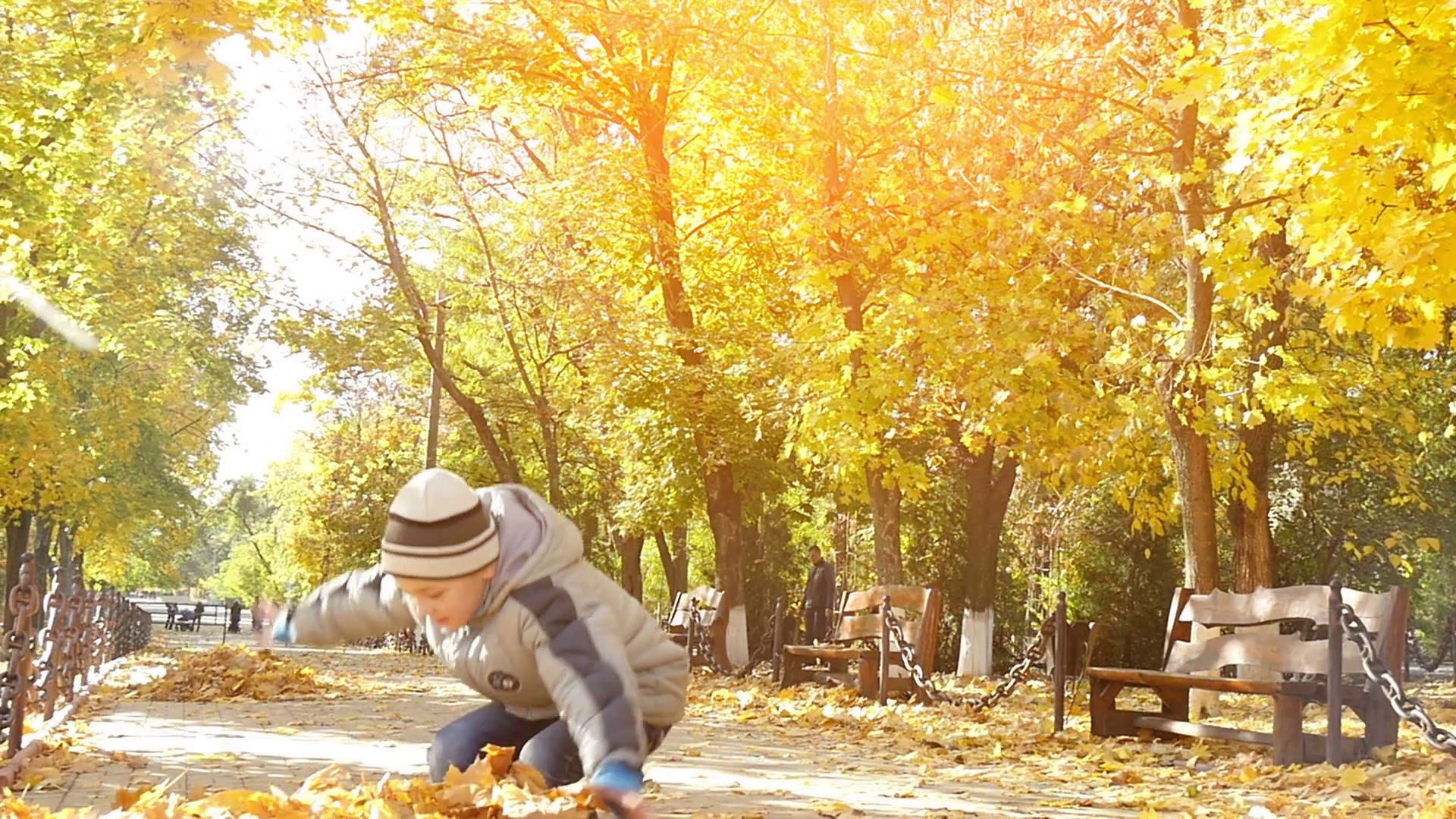 little boy throwing fallen leaves in autumn park, slow motion Stock ...