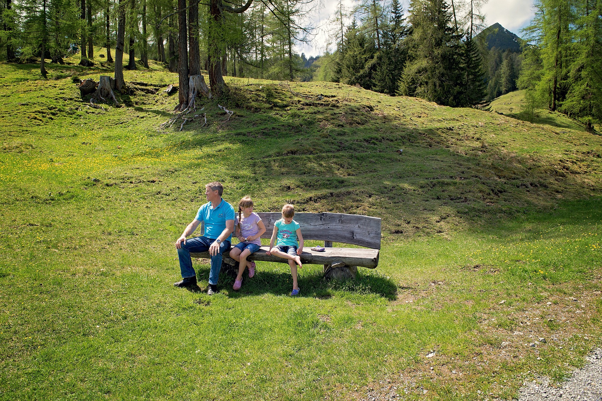 Family, Bench, Child, Father, Green, HQ Photo
