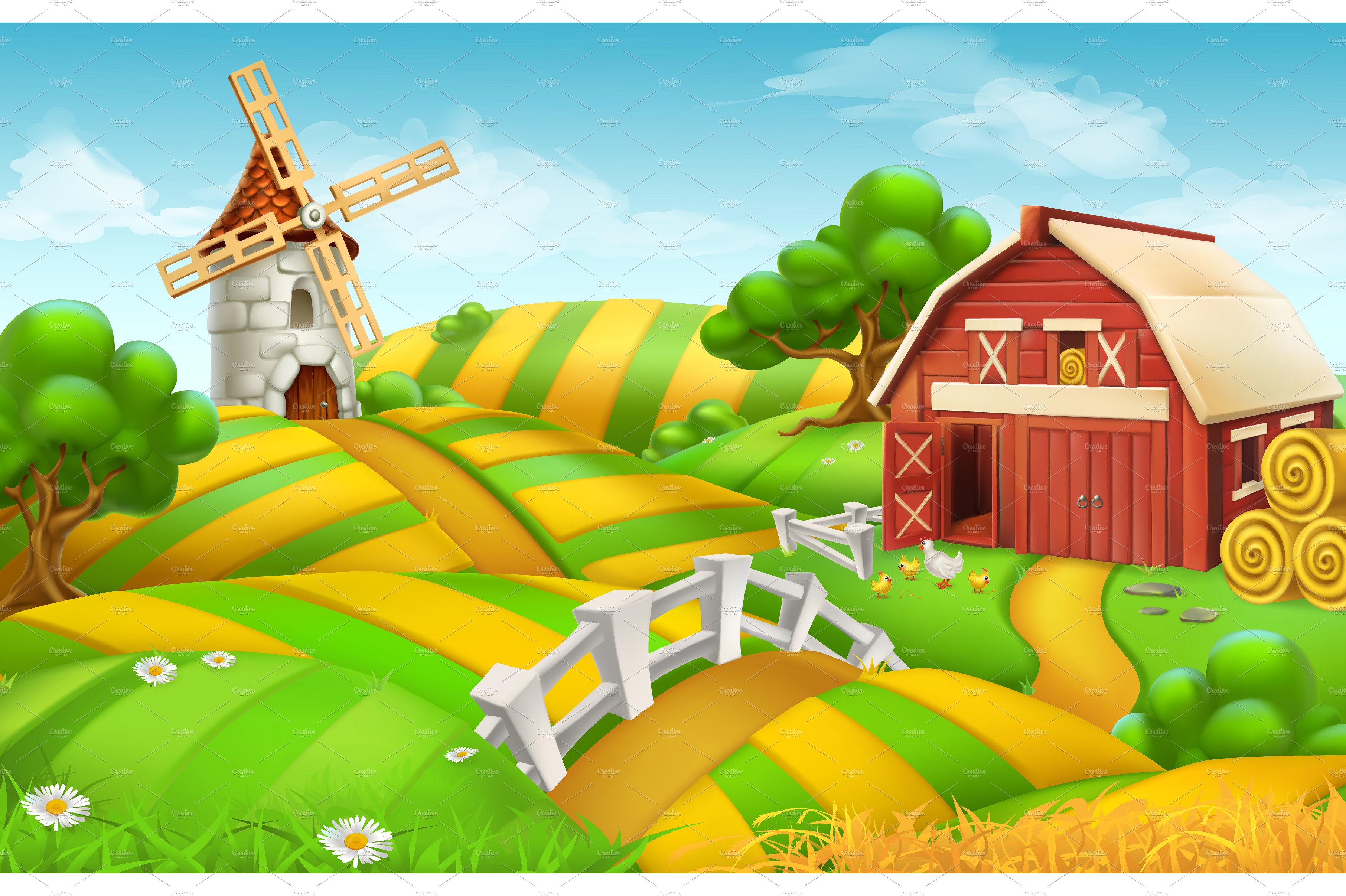 Farm field landscape, vector ~ Illustrations ~ Creative Market