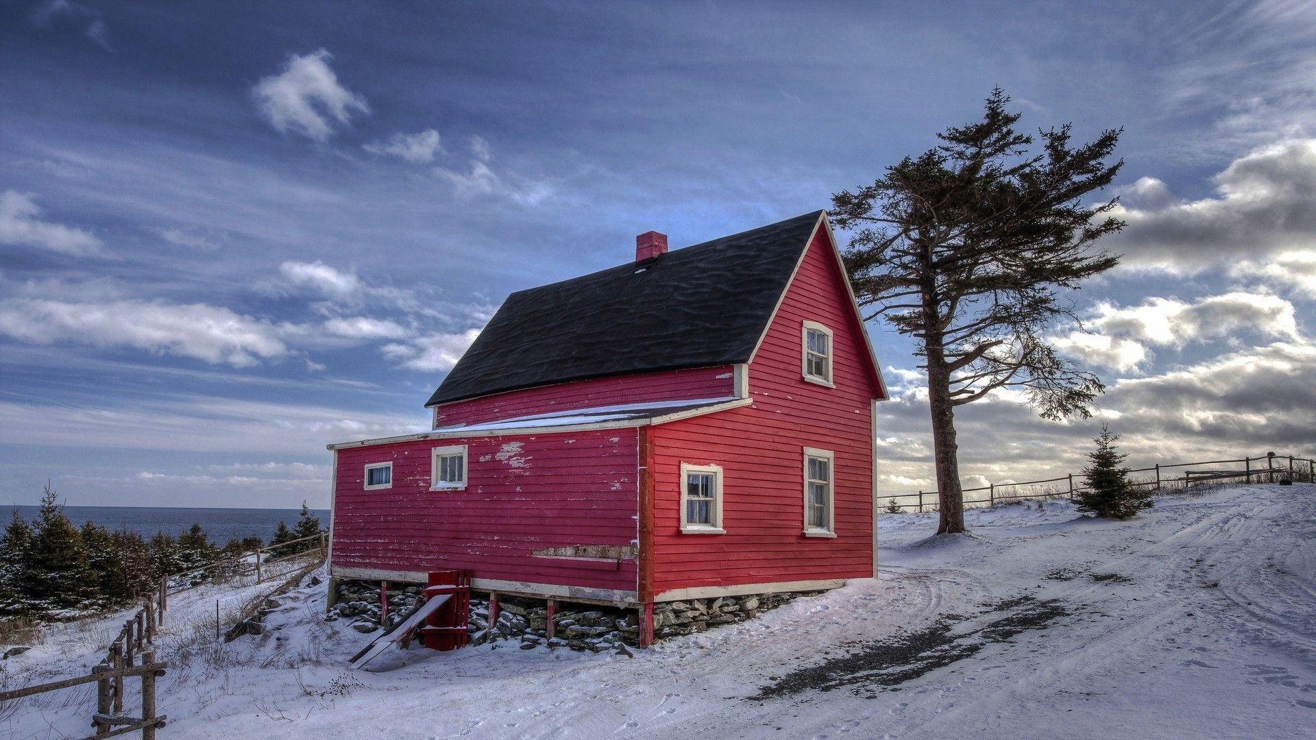 Wonderful red farmhouse in winter (1920x1080, red, farmhouse, winter ...