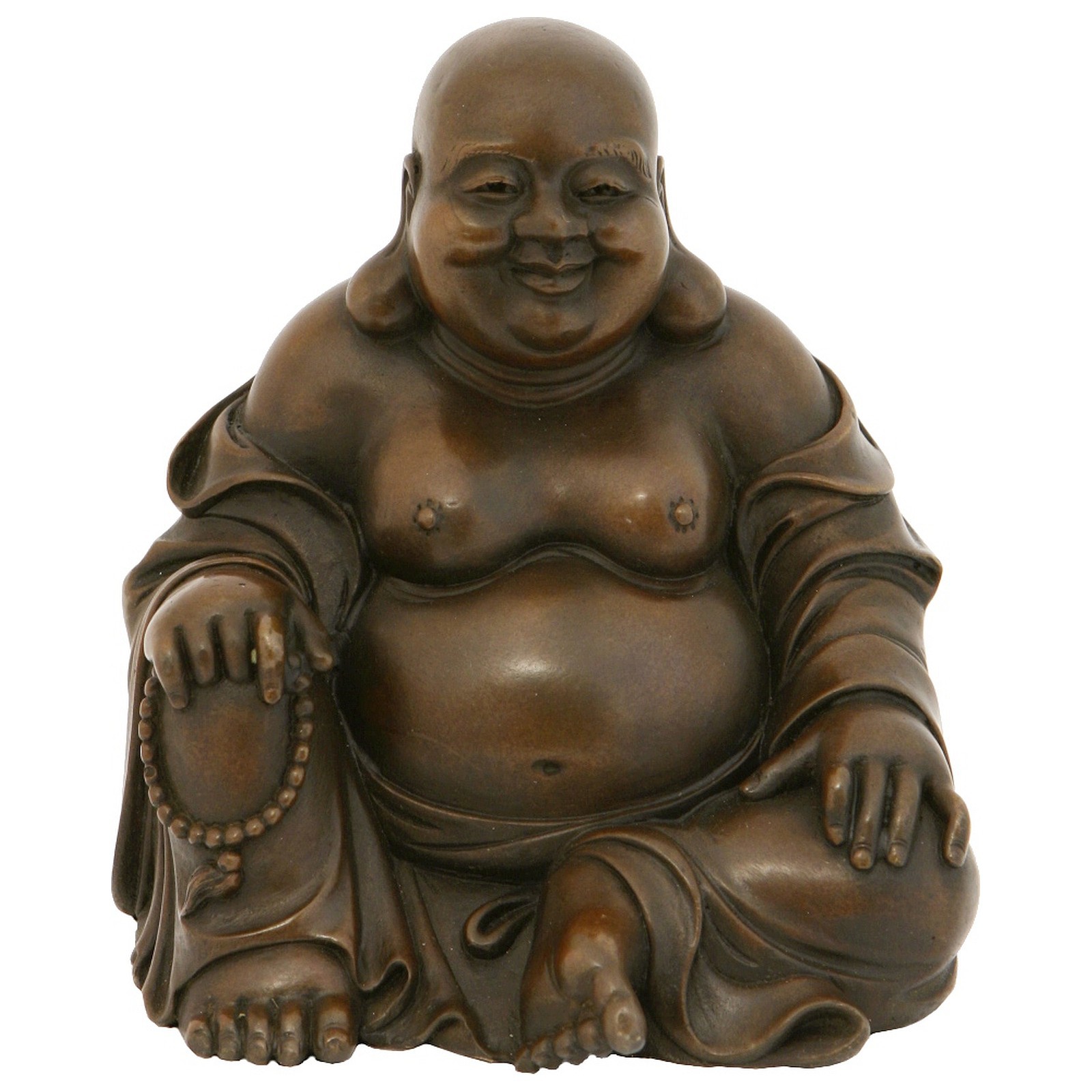 Fat Buddha with happy face, relaxed sitting with prayer beads in one ...
