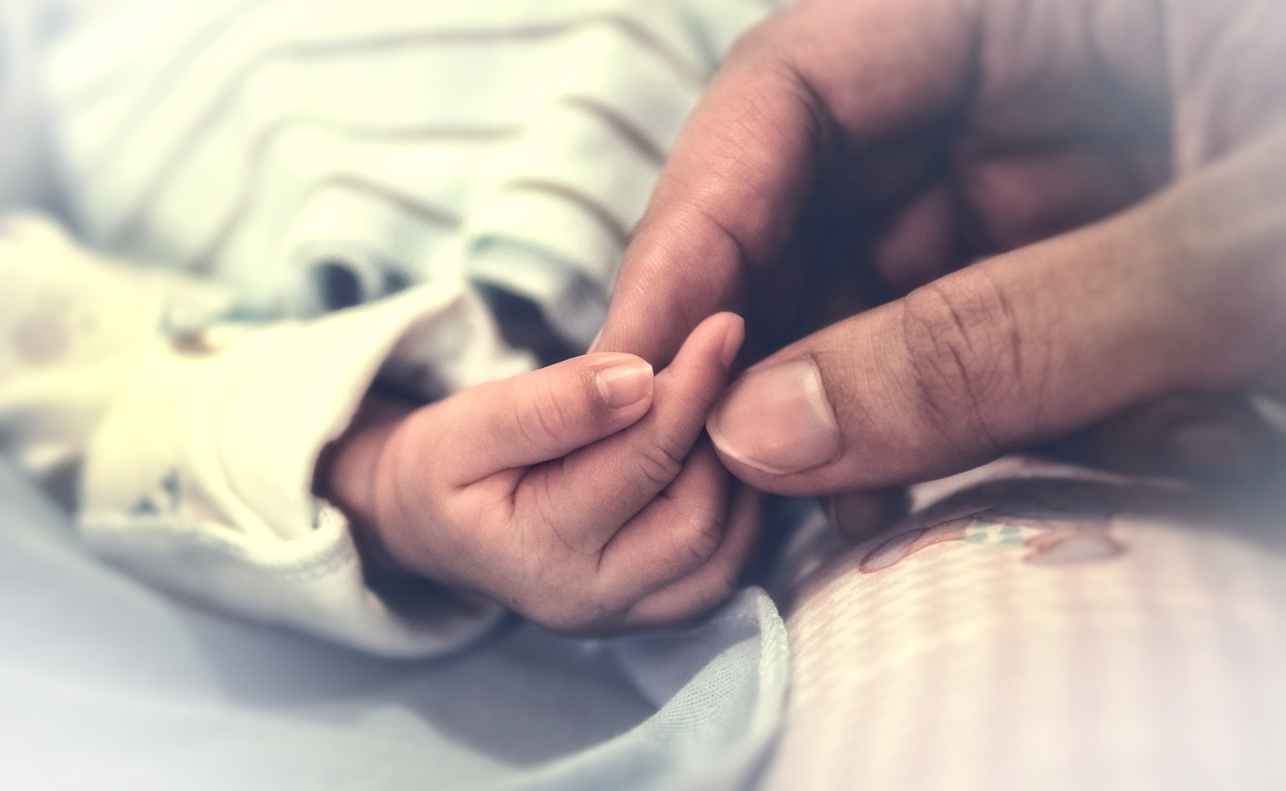 Father touching hand of newborn baby photo