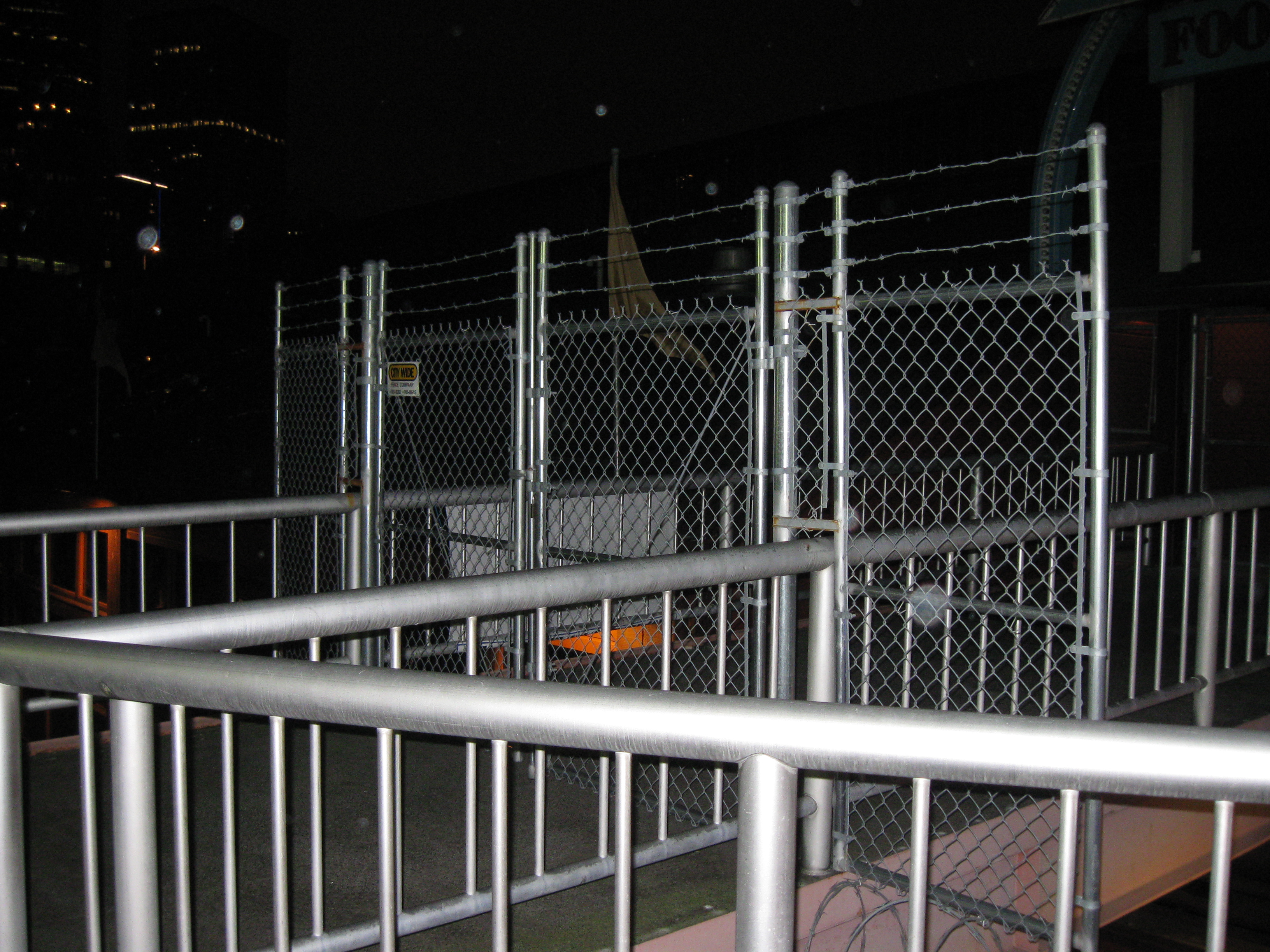 Fenced off food court at night 2, Lines, HQ Photo