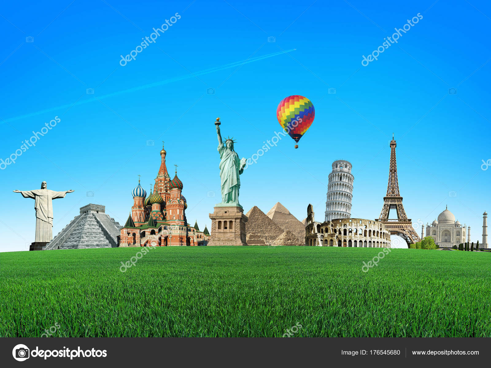 World Attractions with a colored balloon on a green field with grass ...