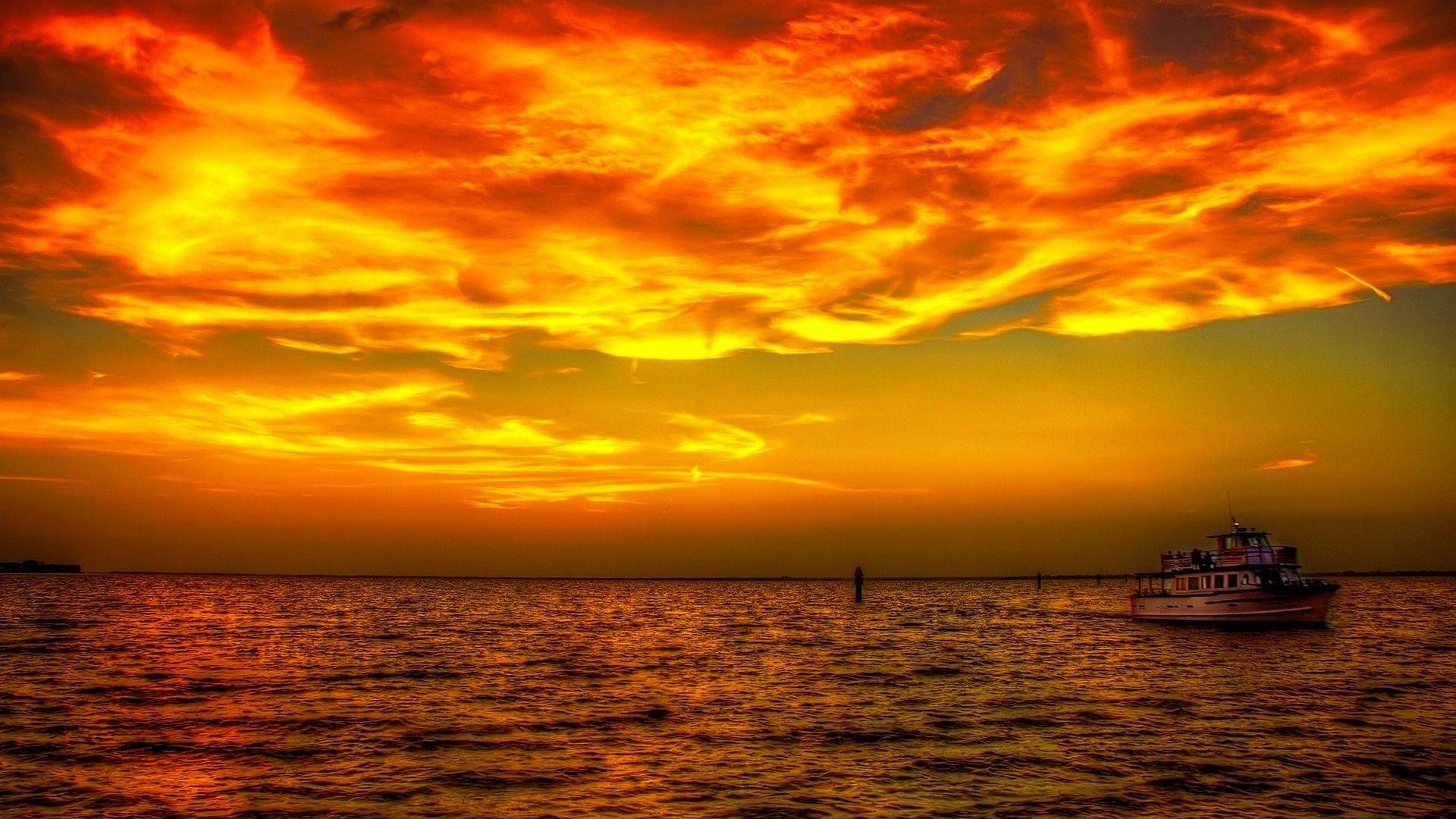 Sunsets: Fishing Fiery Sunset Fabulous Boat Buoy Sea Wallpaper For ...
