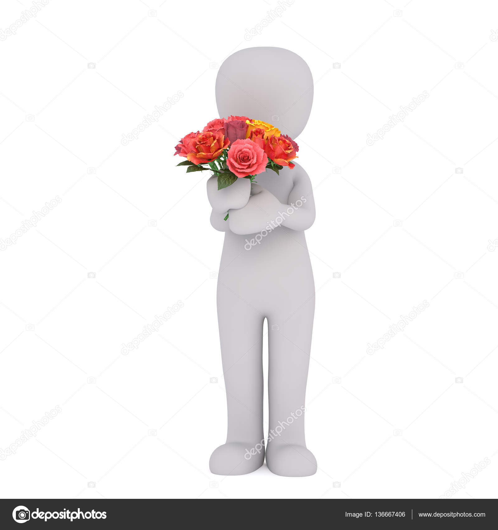 Cartoon Figure Holding Bouquet of Colorful Roses — Stock Photo © 3D ...