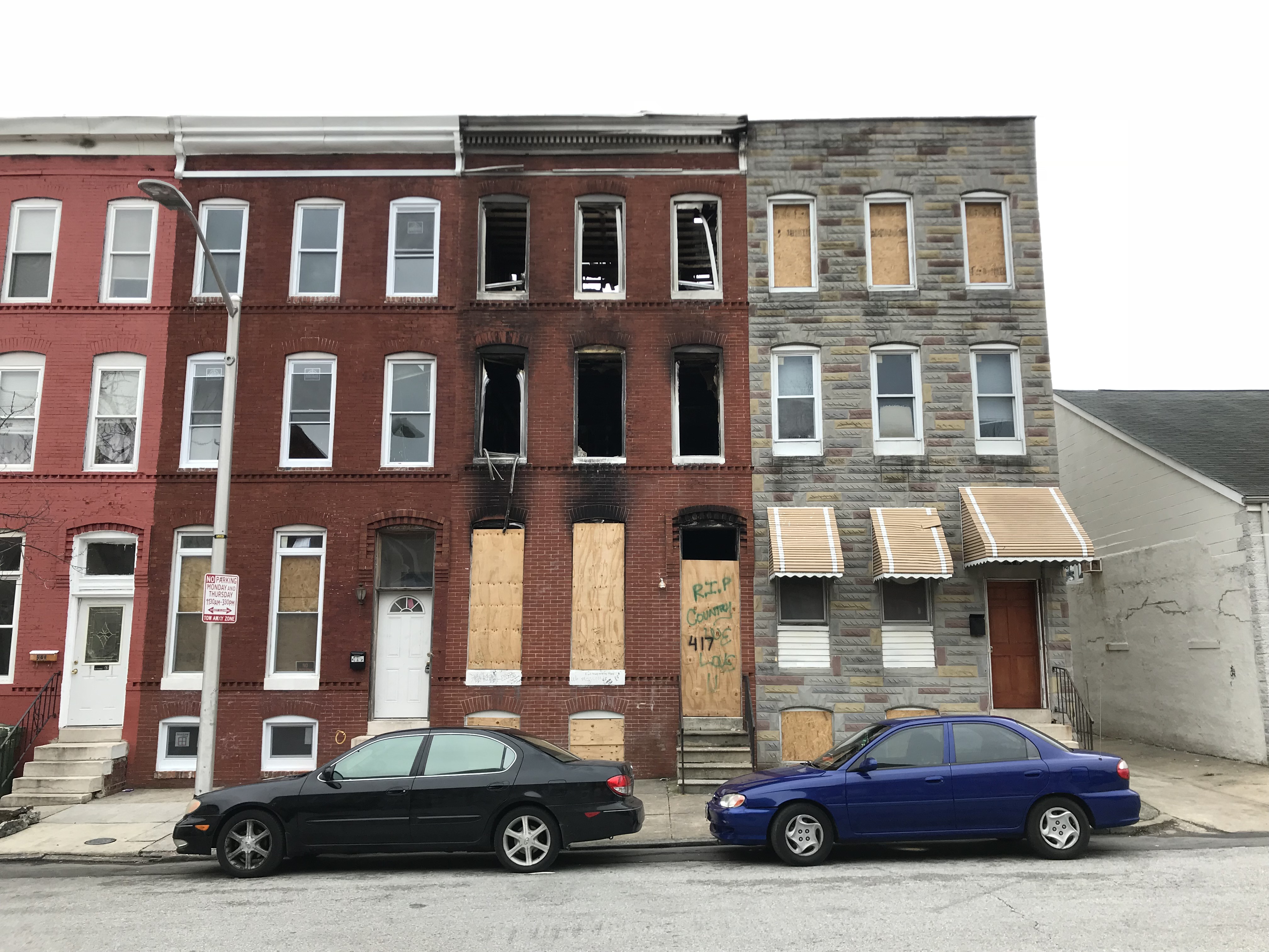 Fire-damaged vacant rowhouse, 417 E. 21st Street, Baltimore, MD 21218, Architecture, Baltimore, Barclay, Barclay Street, HQ Photo