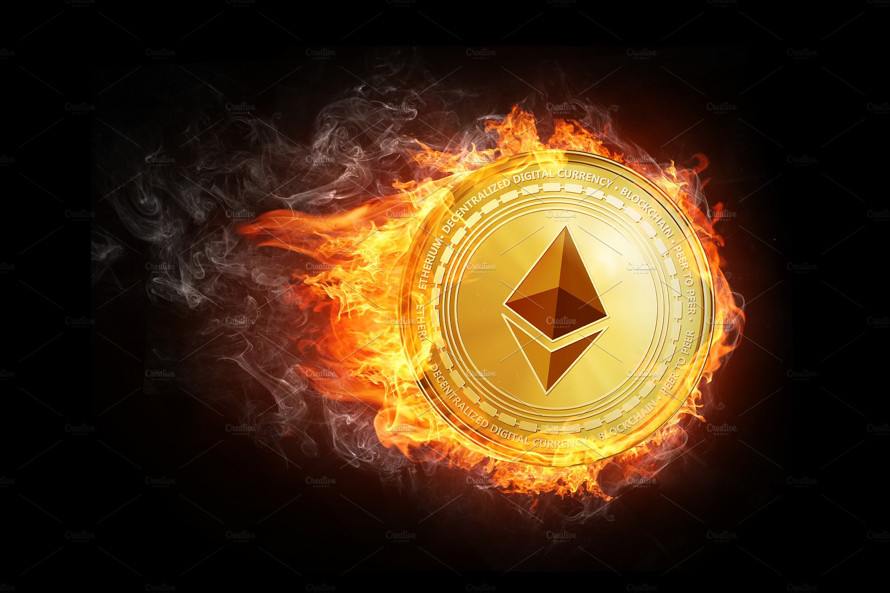Golden ethereum coin flying in fire flame. ~ Icons ~ Creative Market