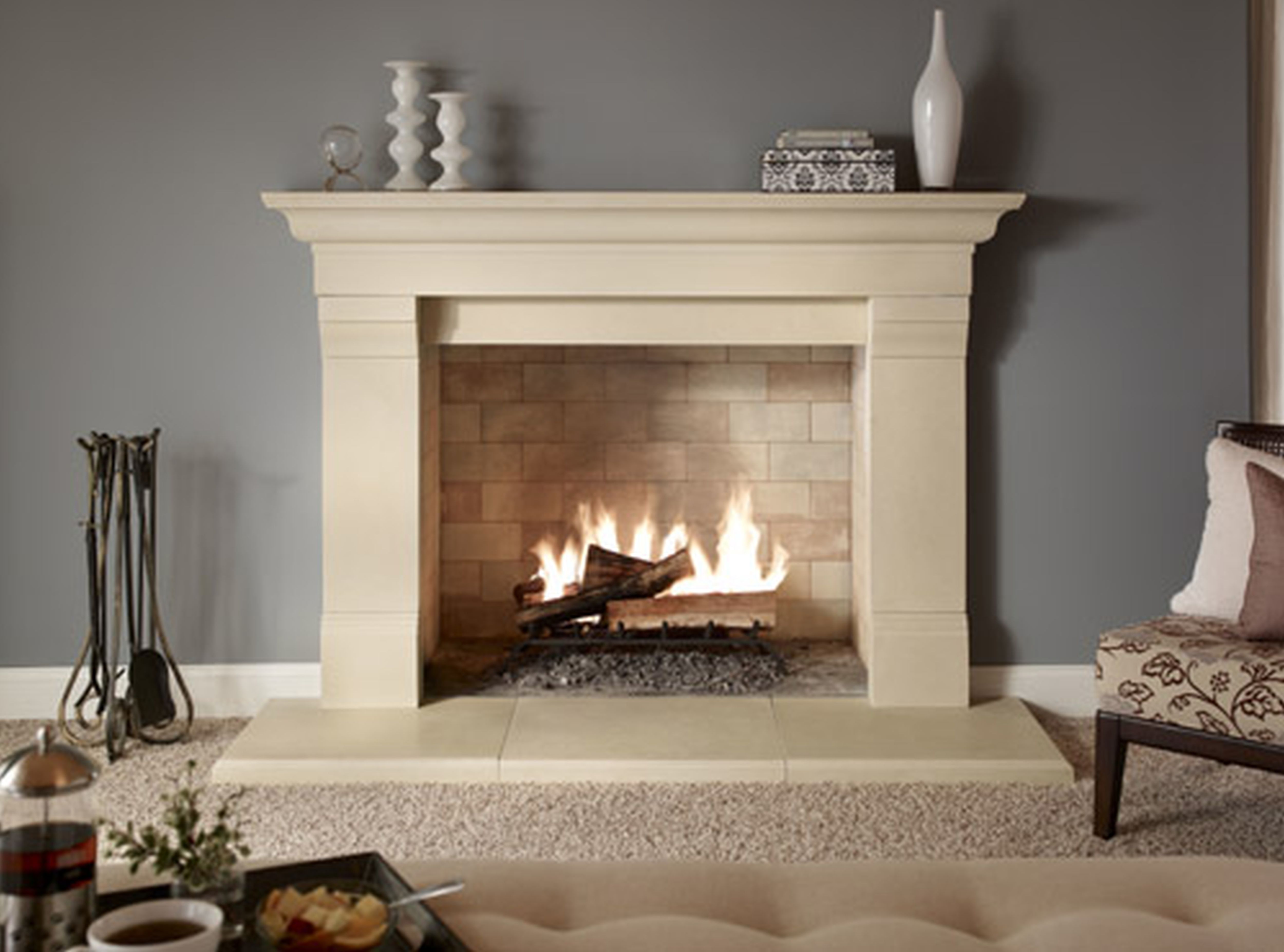 cream wooden Wooden Fireplace Mantel with cream hearth connected by ...