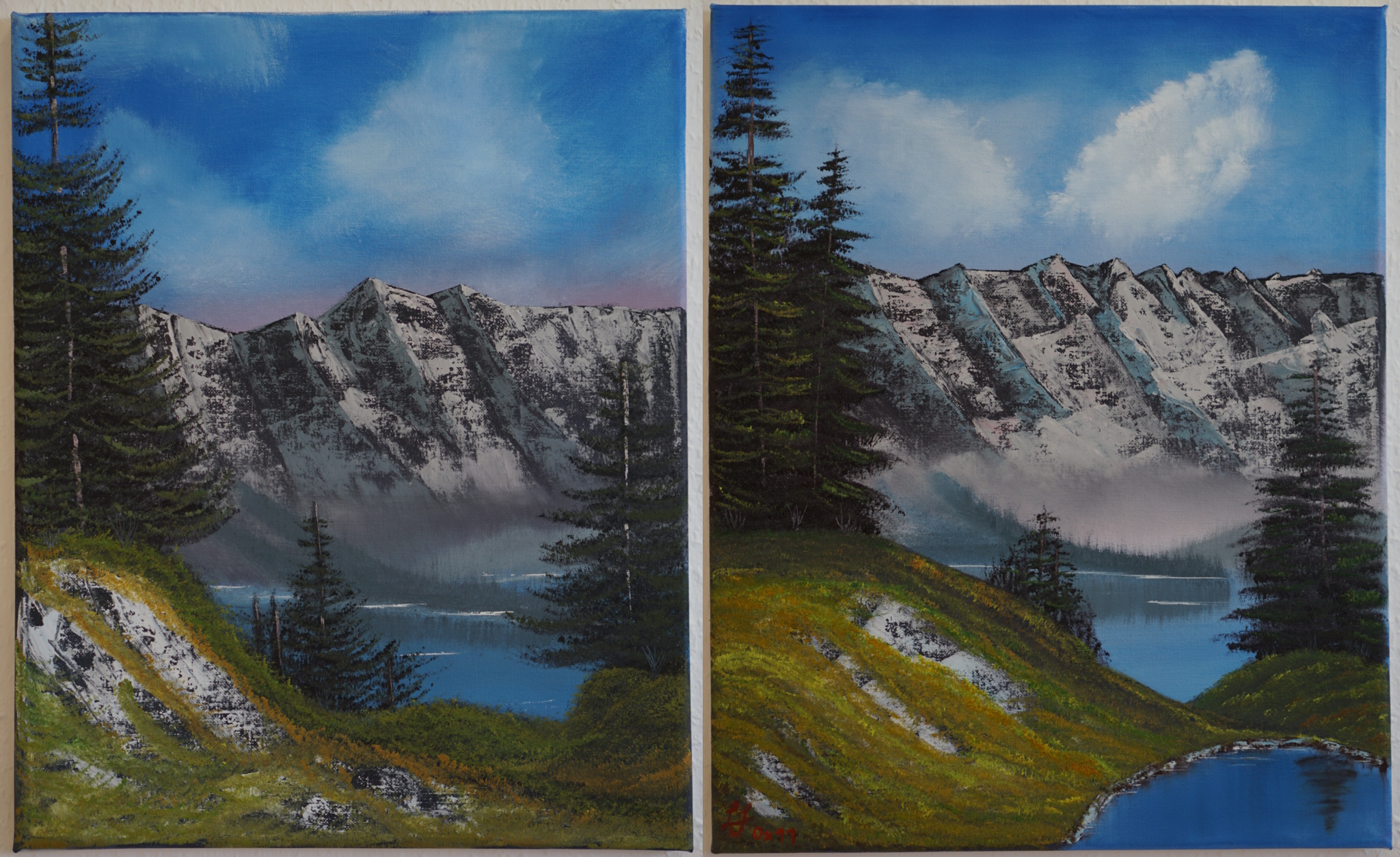 Girlfriends (left) and my (right) versions of 'First Snow', Bob Ross ...