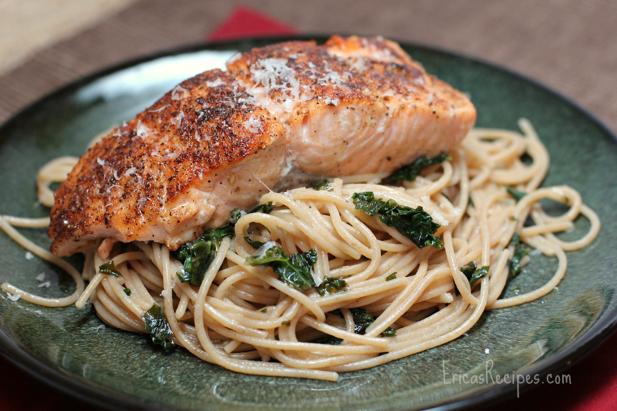 Seared Salmon over Whole Wheat Pasta with Kale, Garlic, and Pine ...