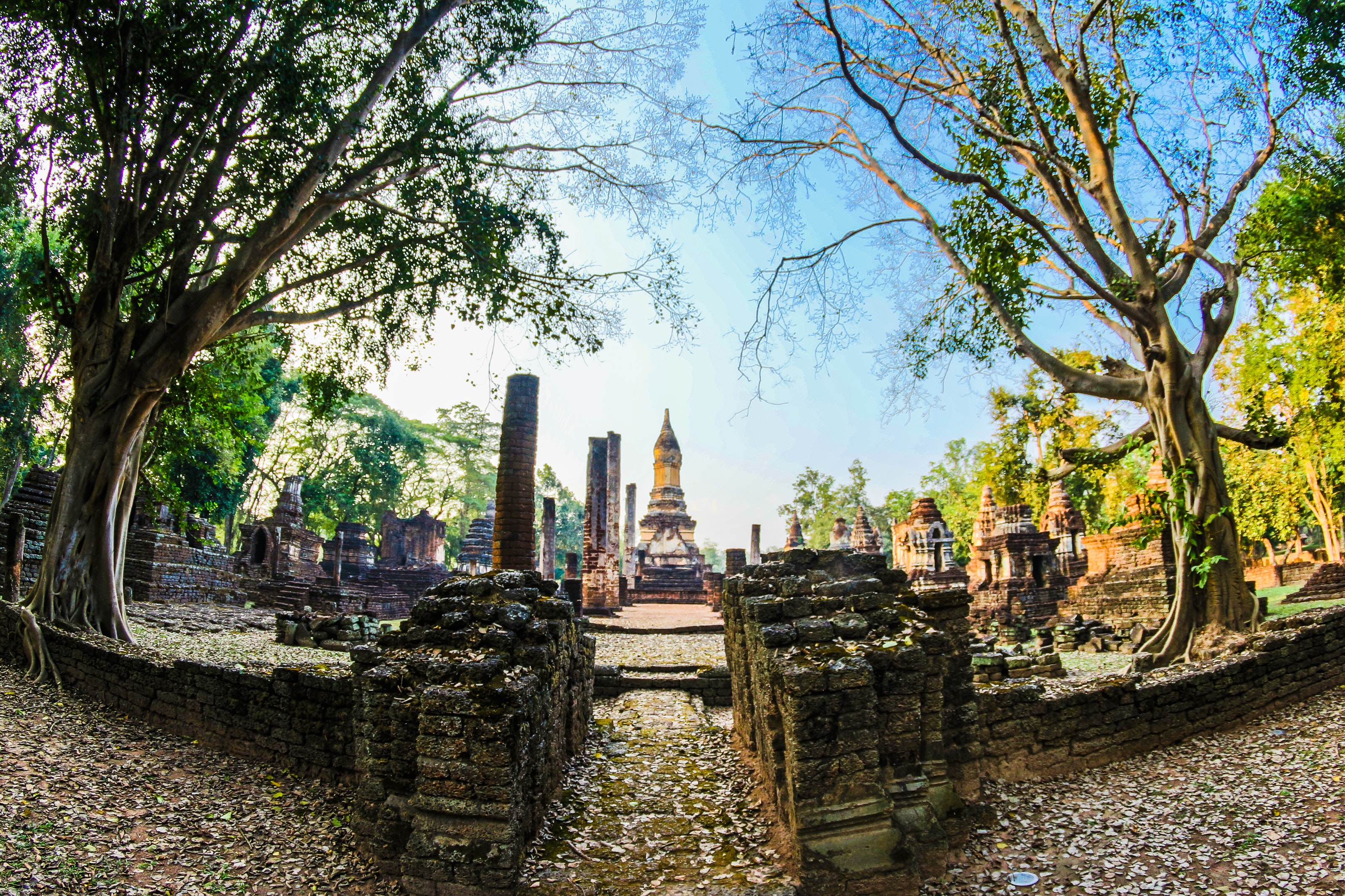 Fish Eye Lens Pathway Along the Temple, Ancient, Thai, Sculpture, Spiritual, HQ Photo