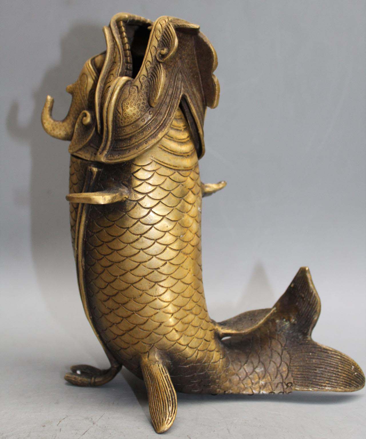 China Brass Copper Feng Shui Dragon Fish Statue incensory Incense ...