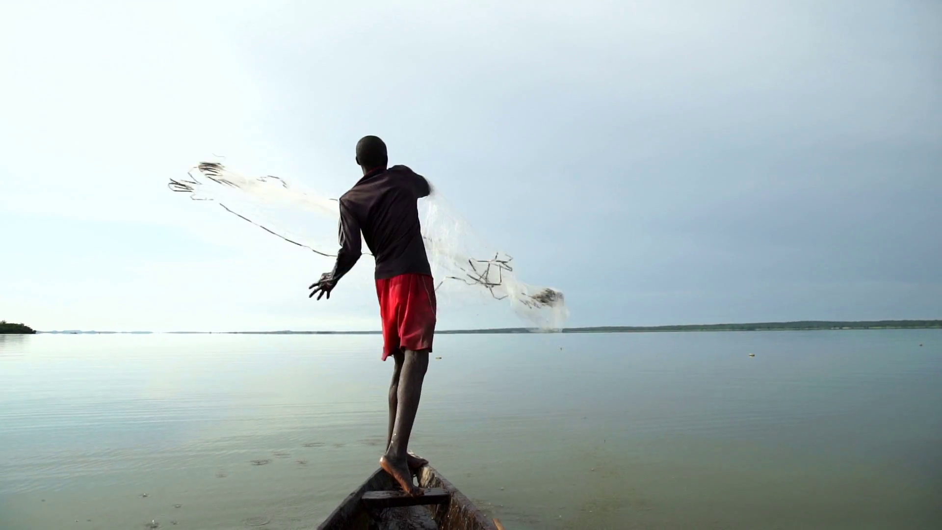 An African fisherman casts with skill a wide fishing net on his ...