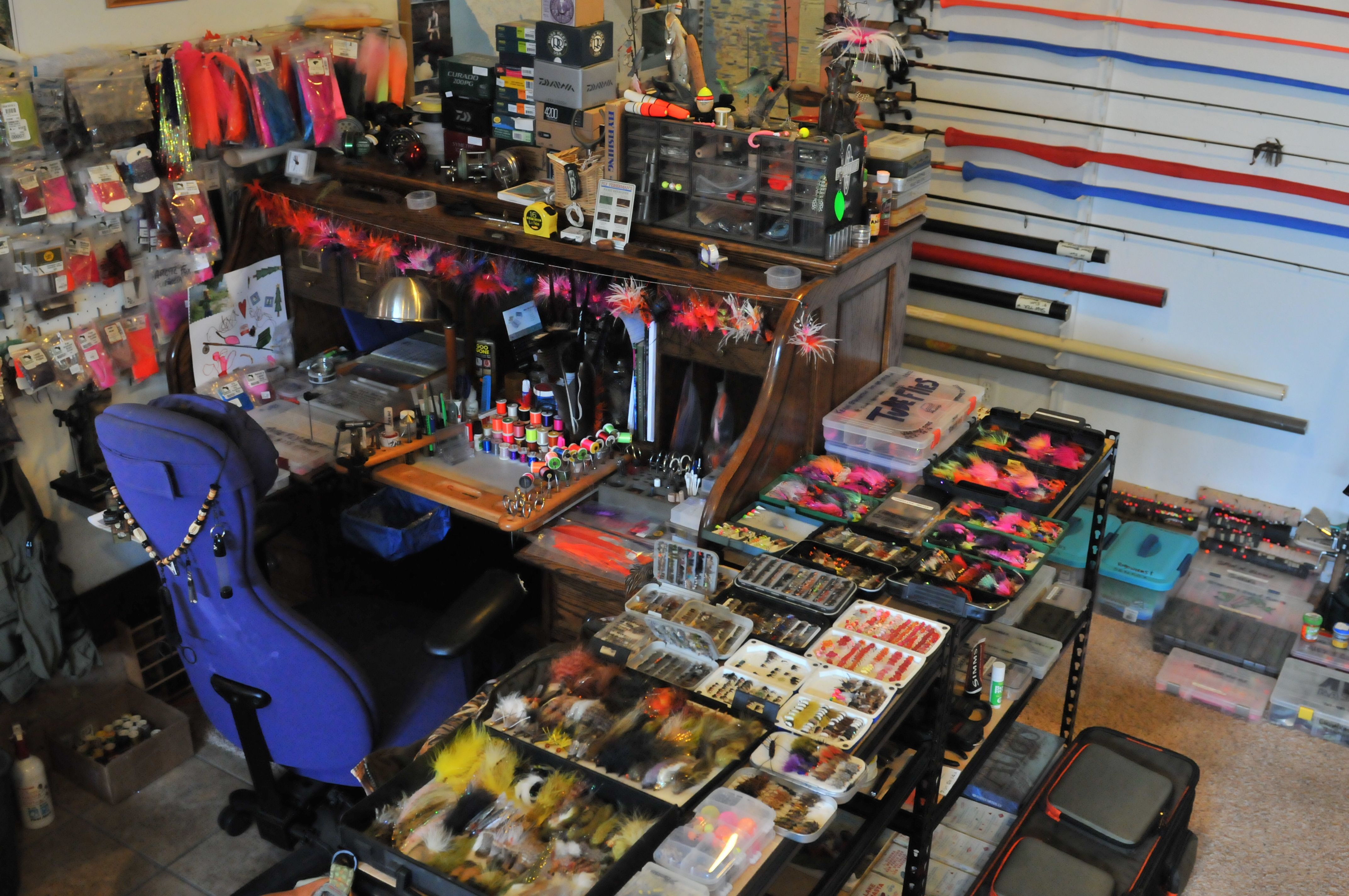My fly tying desk, tying supplies, flies and other fishing gear in ...