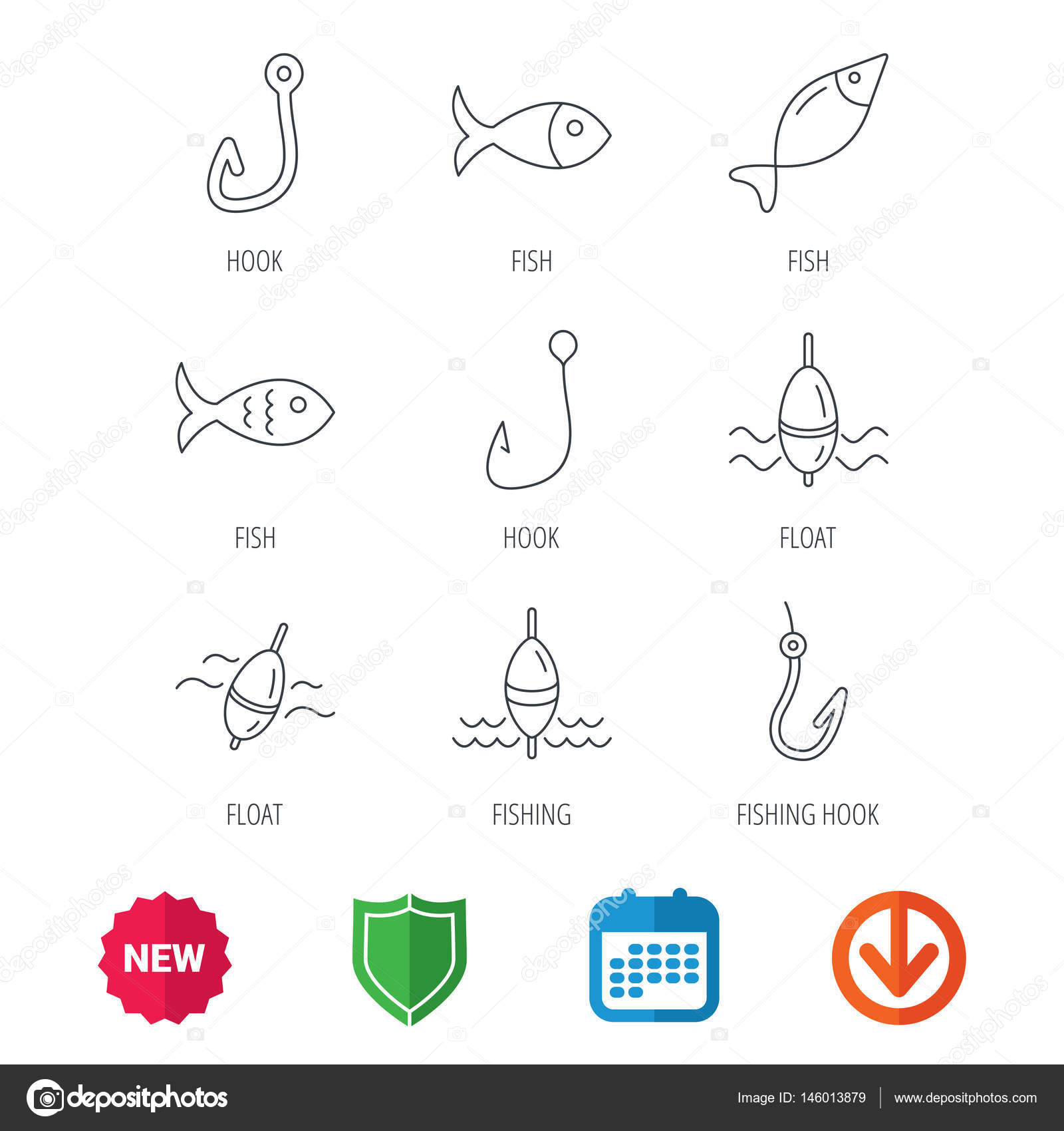 Fishing hook and float icons. Fish, waves signs. — Stock Vector ...