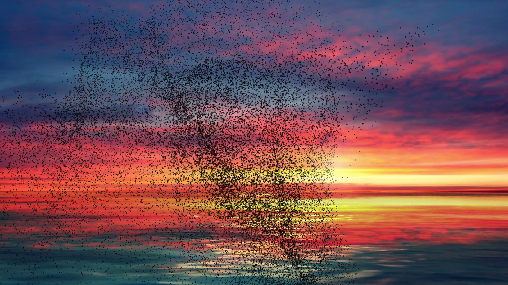 Flock of birds swarming against a sunset sky and ocean. Timelapse ...