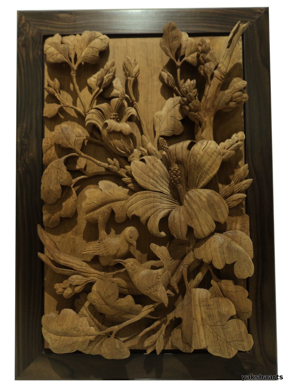 Hand Carved Teak Wood Panel Carving Bird Flower Relief Sculpture ...
