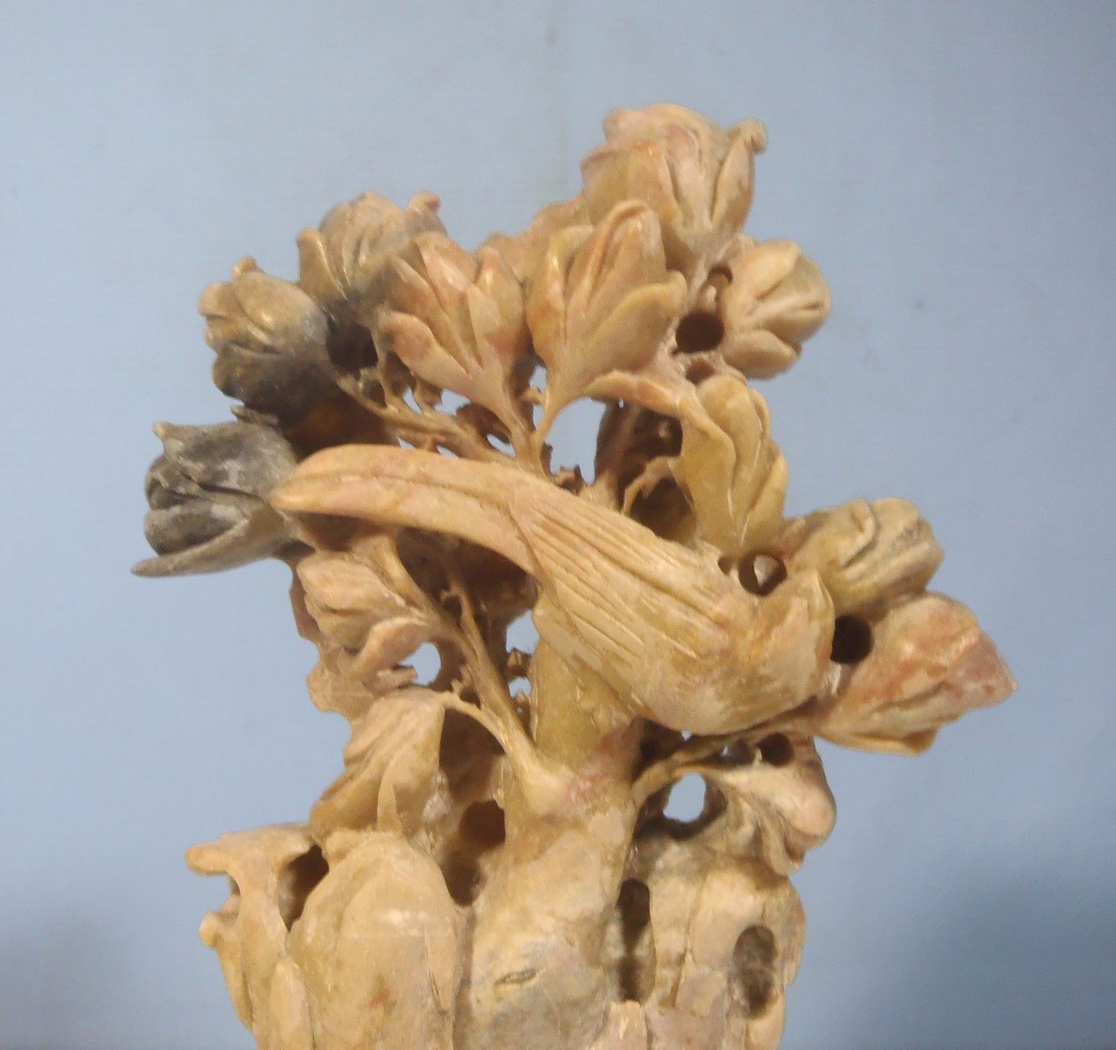 Vintage Chinese hand carved soapstone sculpture floral & bird circa ...
