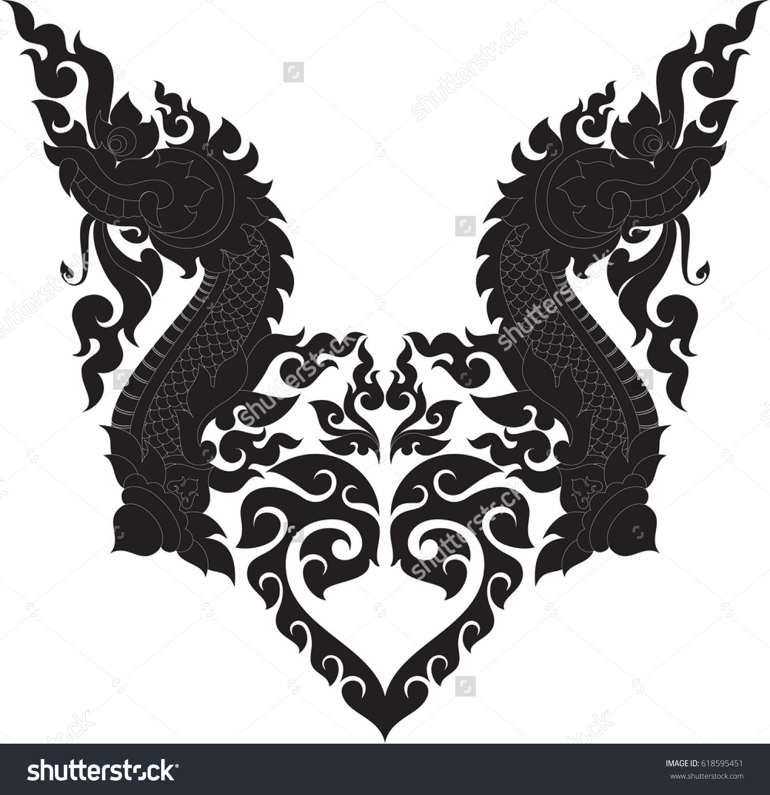 Vector swirl floral Naga head and heart, Southeast Asia art style ...
