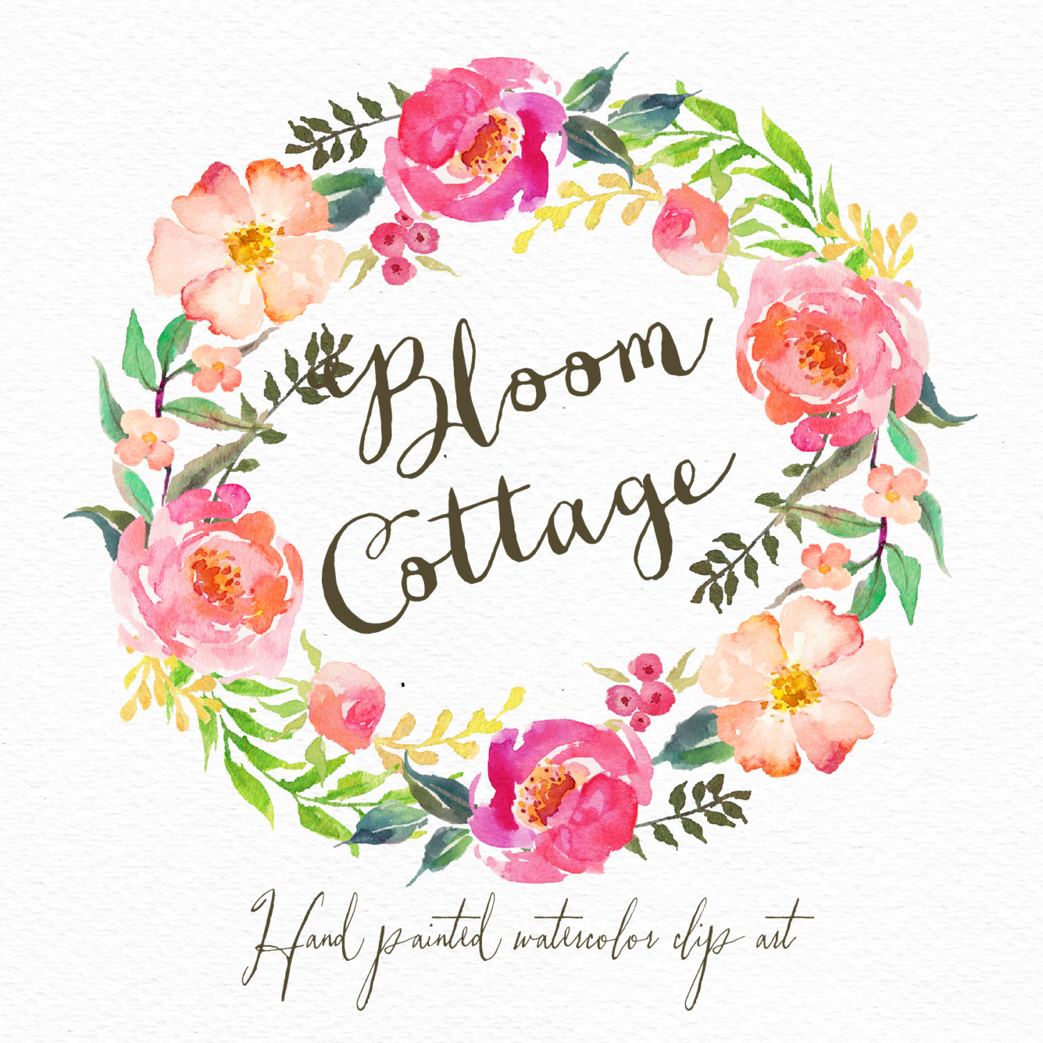 Watercolor flower wreath-Bloom cottage /Individual PNG files /