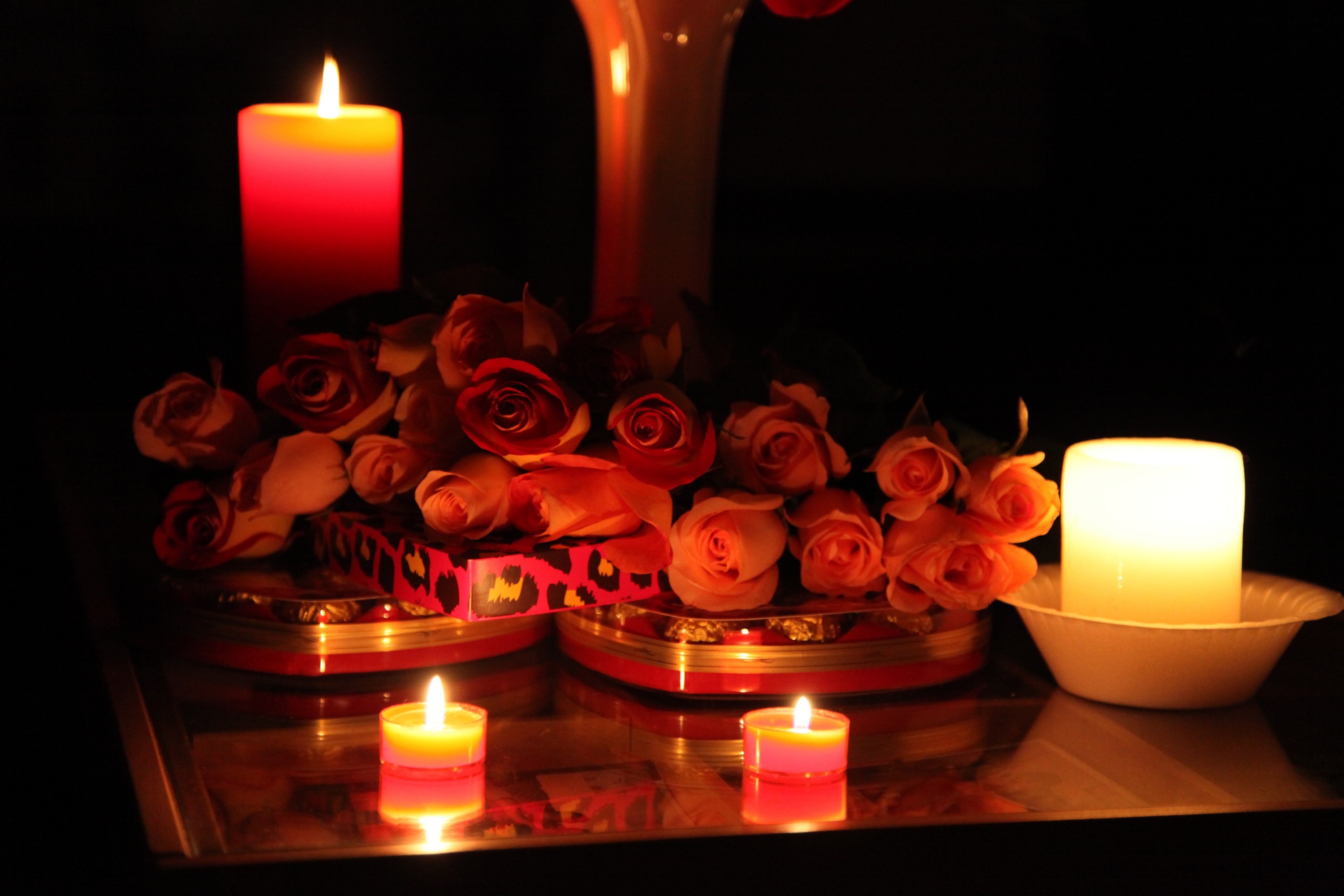 Flowers: Roses Candles Chocolate Flowers Light Photography Colors ...