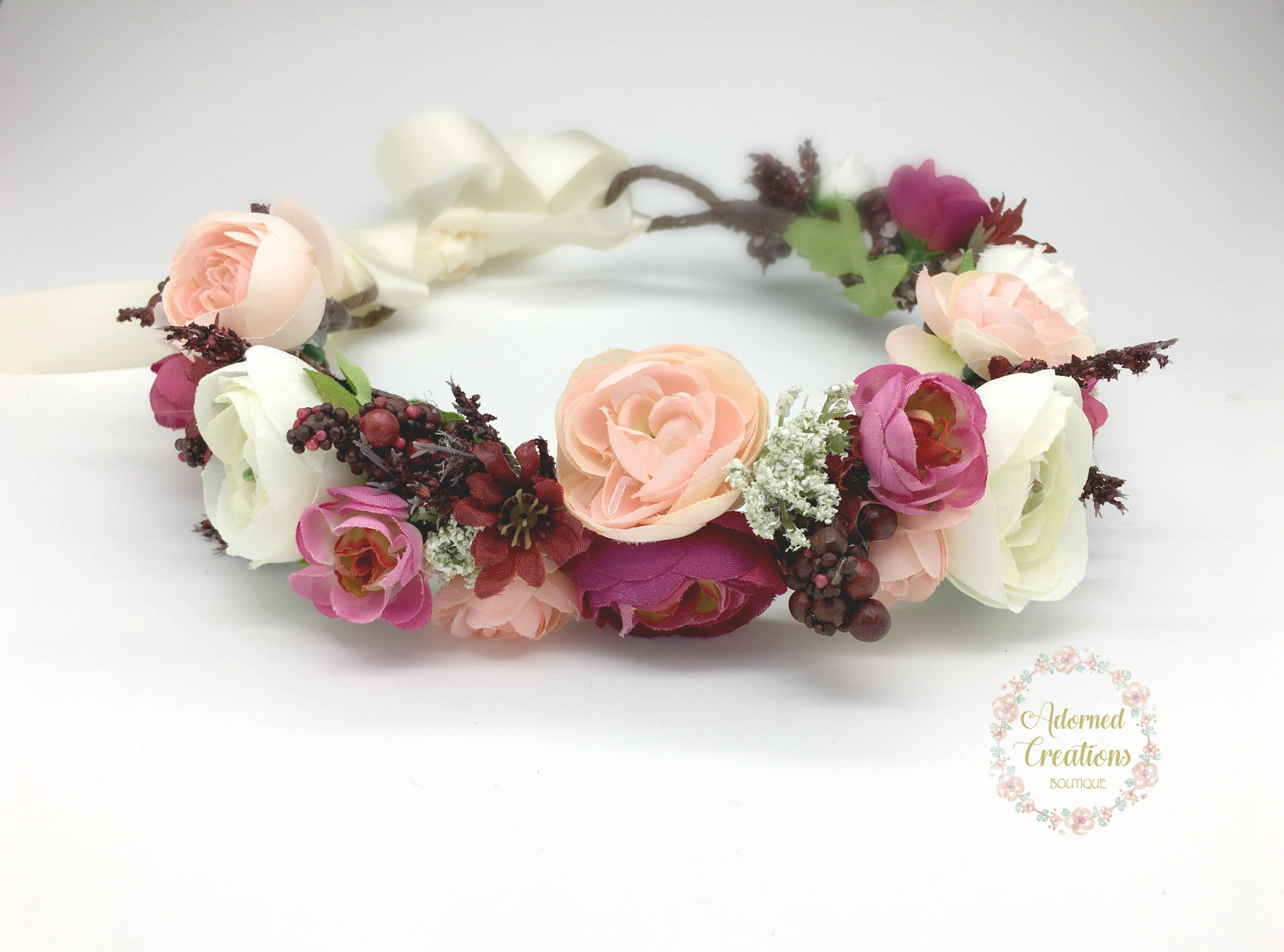 Burgundy and Blush Pink Flower Crown Wedding Flower Crown