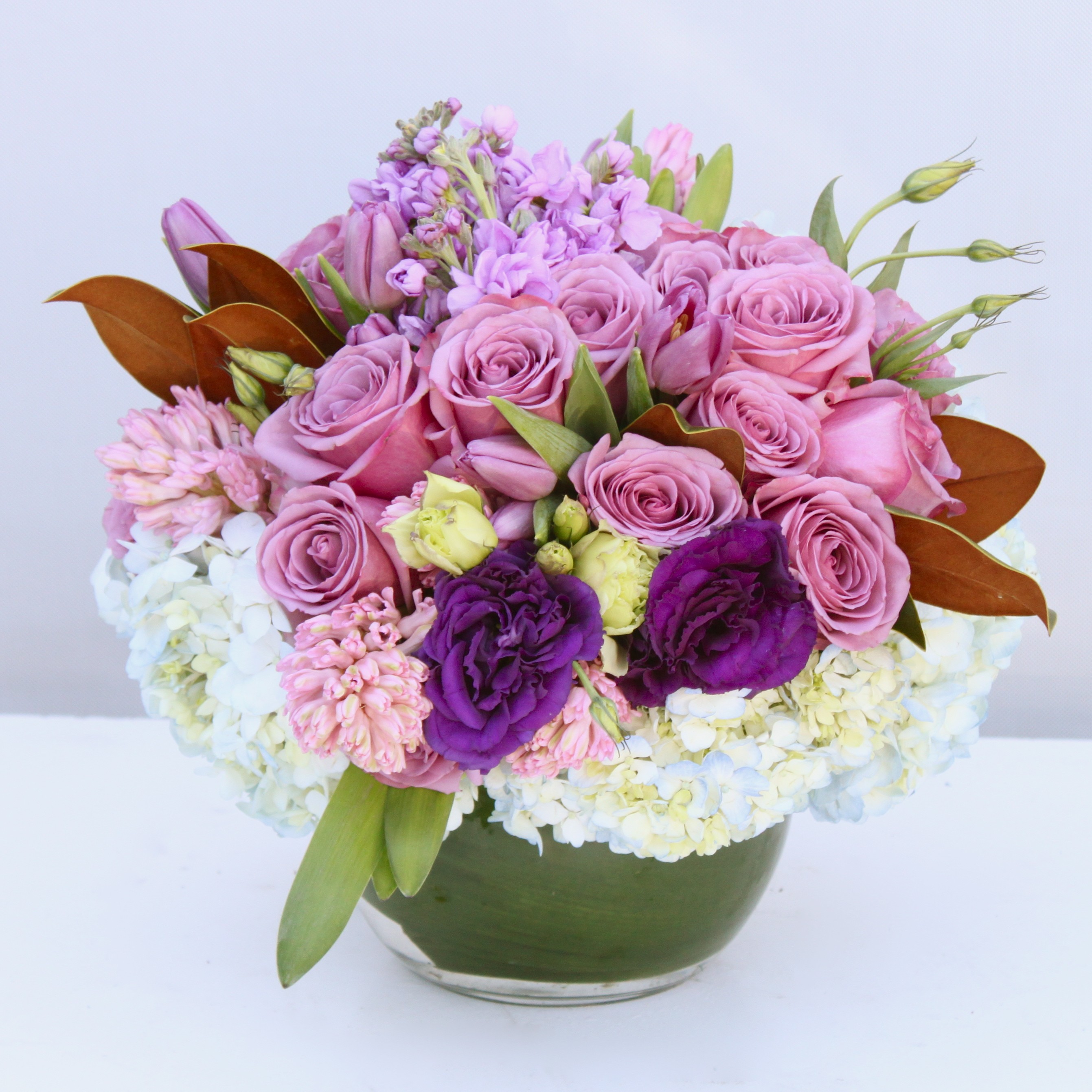 Purple & Lavender Bouquet In A Small Glass Bowl in Zionsville, IN ...