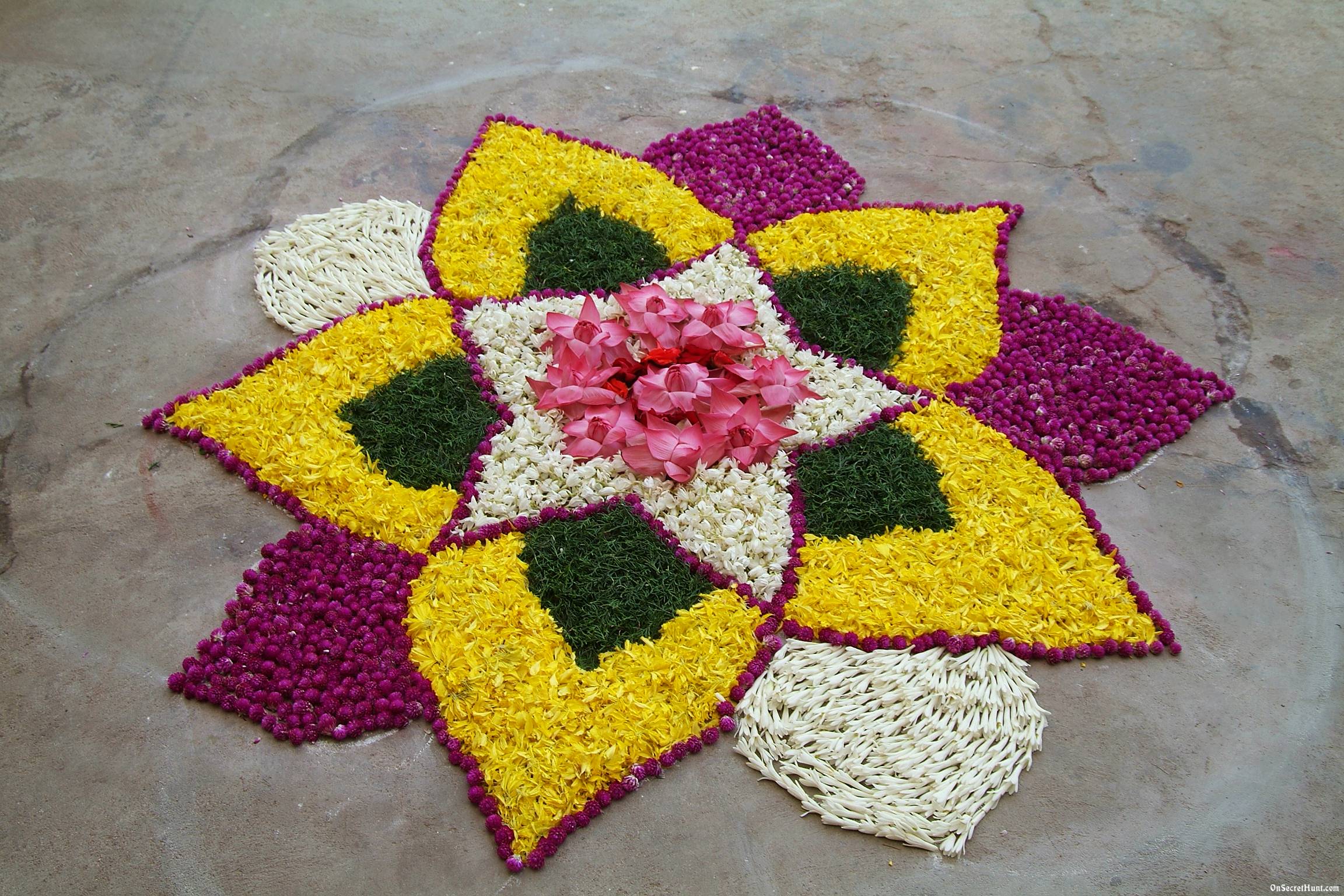 Flower Rangoli Designs - Onam Rangoli Designs with Flowers | Pookalam