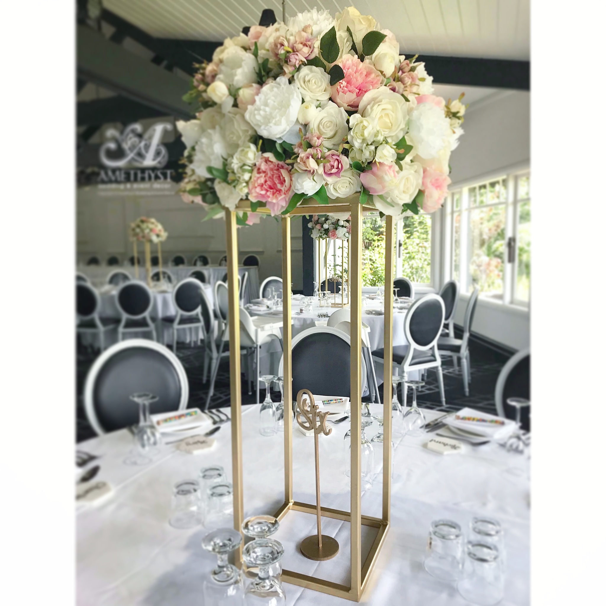70cm Square Gold Pillar Flower Stand | Amethyst Wedding & Event Decor