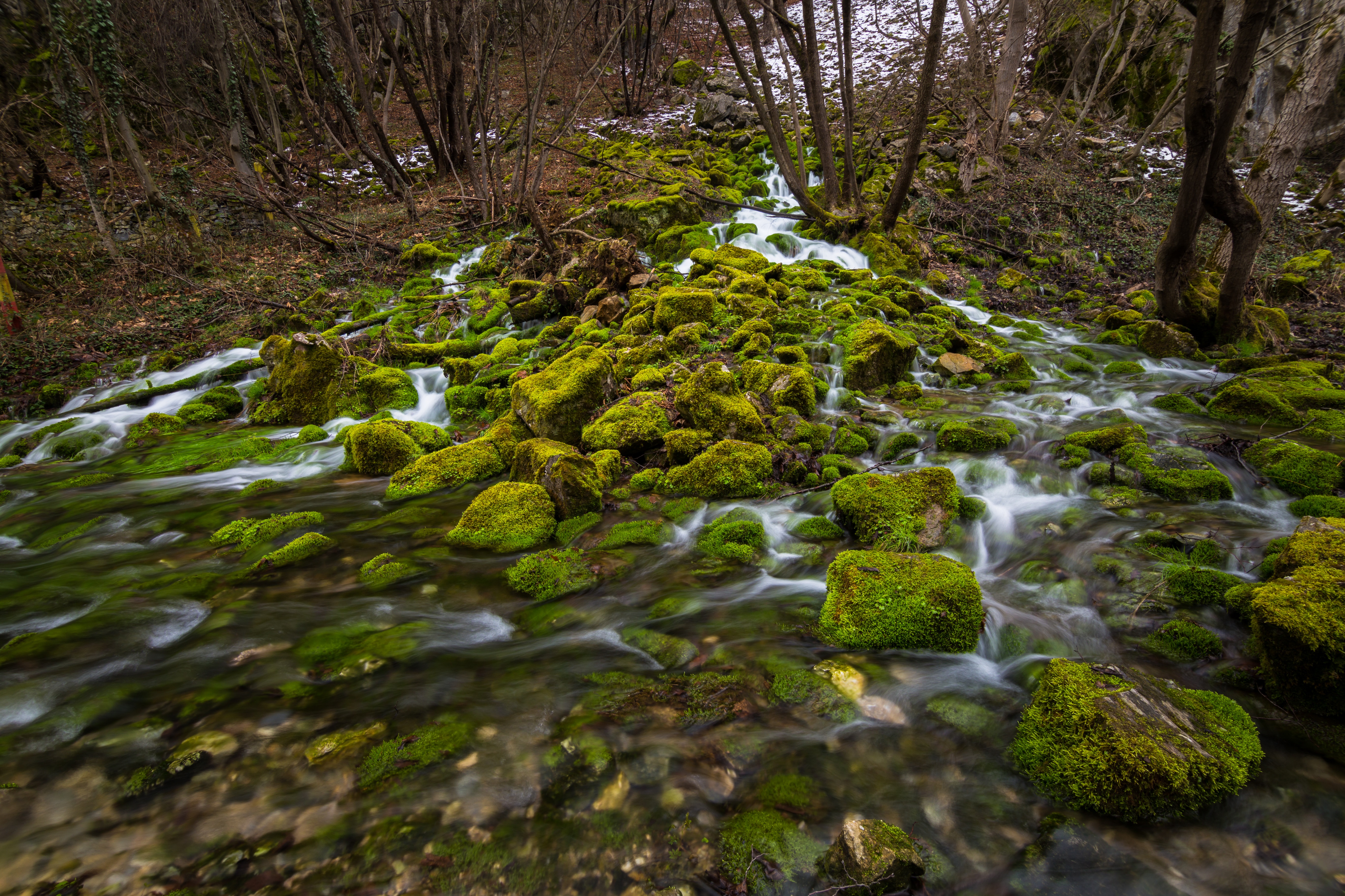 Flowing river and moss covered rocks photo