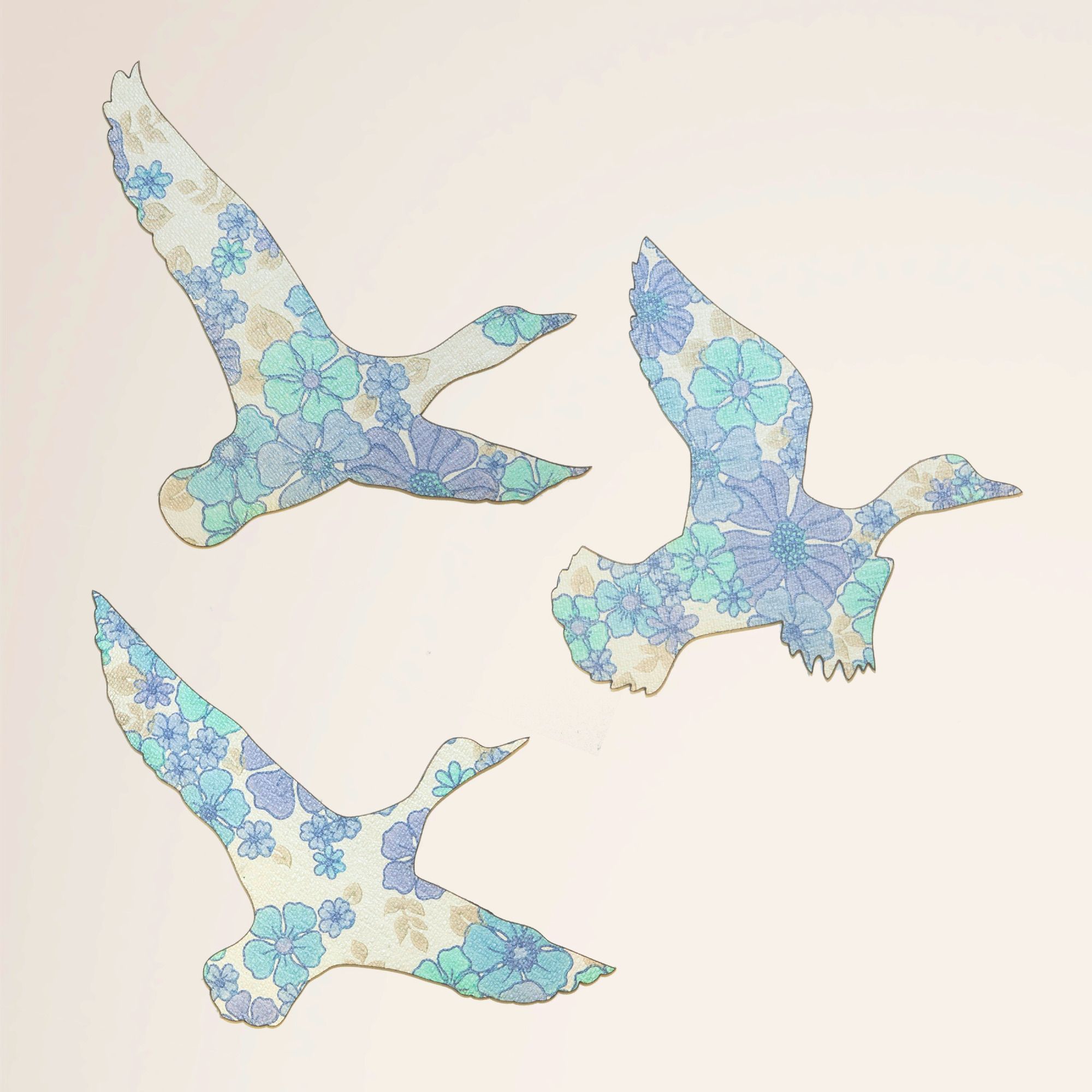 Set of 3 Blue Vintage Wallpaper Flying Ducks