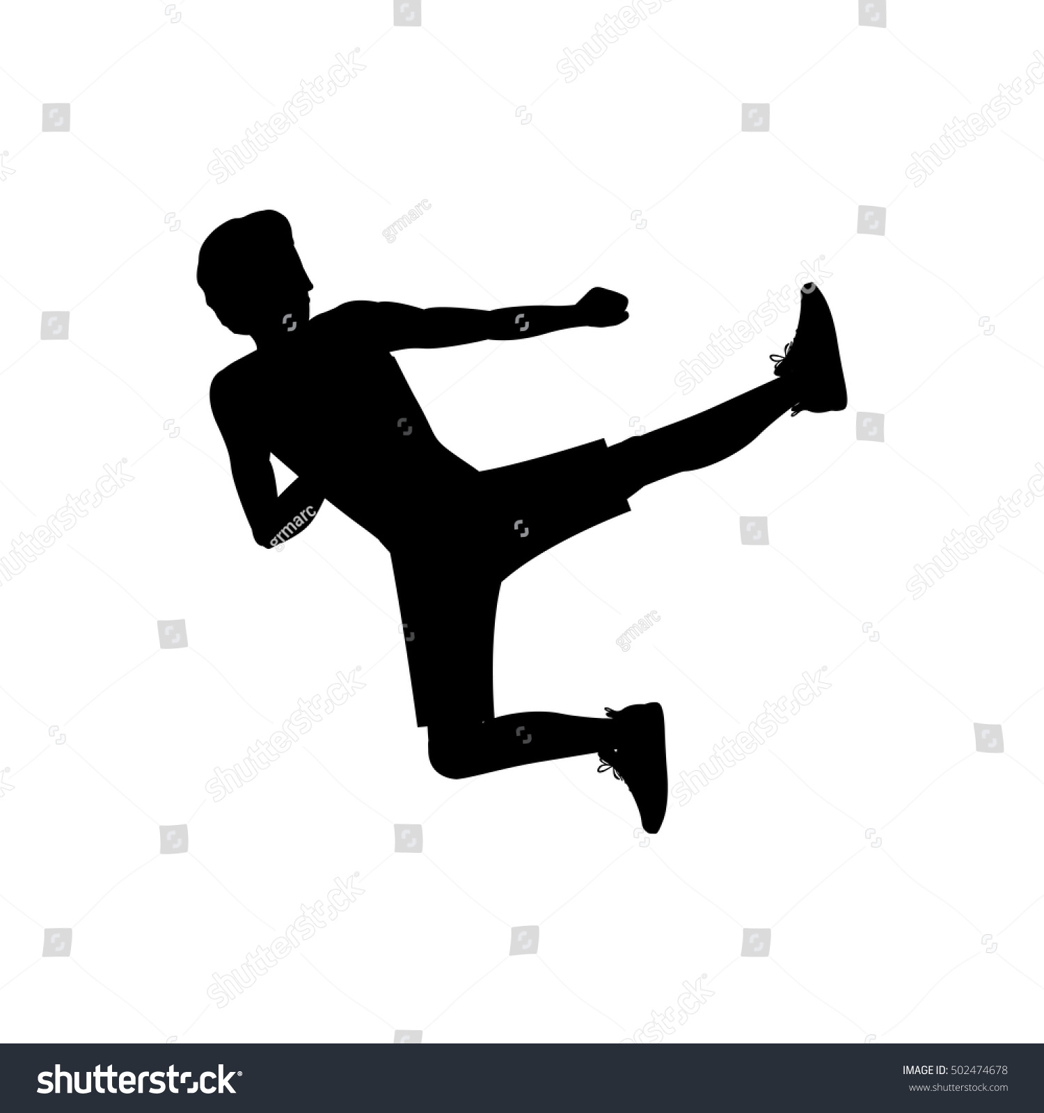 Silhouette Man Martial Arts Flying Kick Stock Vector 502474678 ...