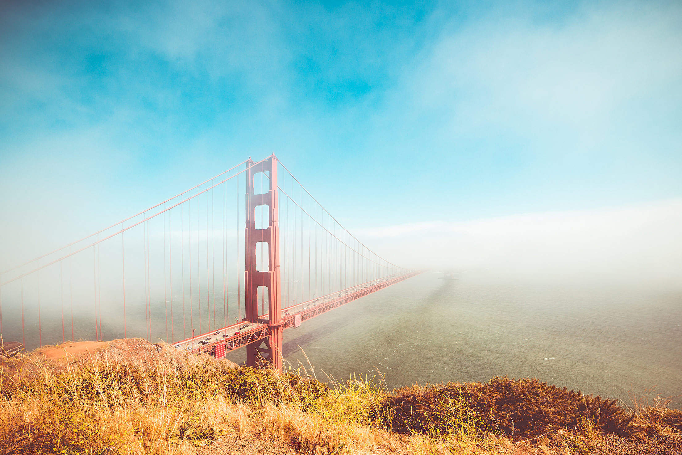 Colorful Golden Gate Bridge in Foggy But Sunny Weather Free Stock ...