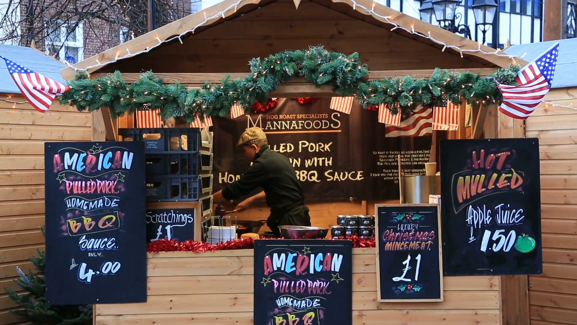 American food stall at chester christmas market, England Stock Video ...