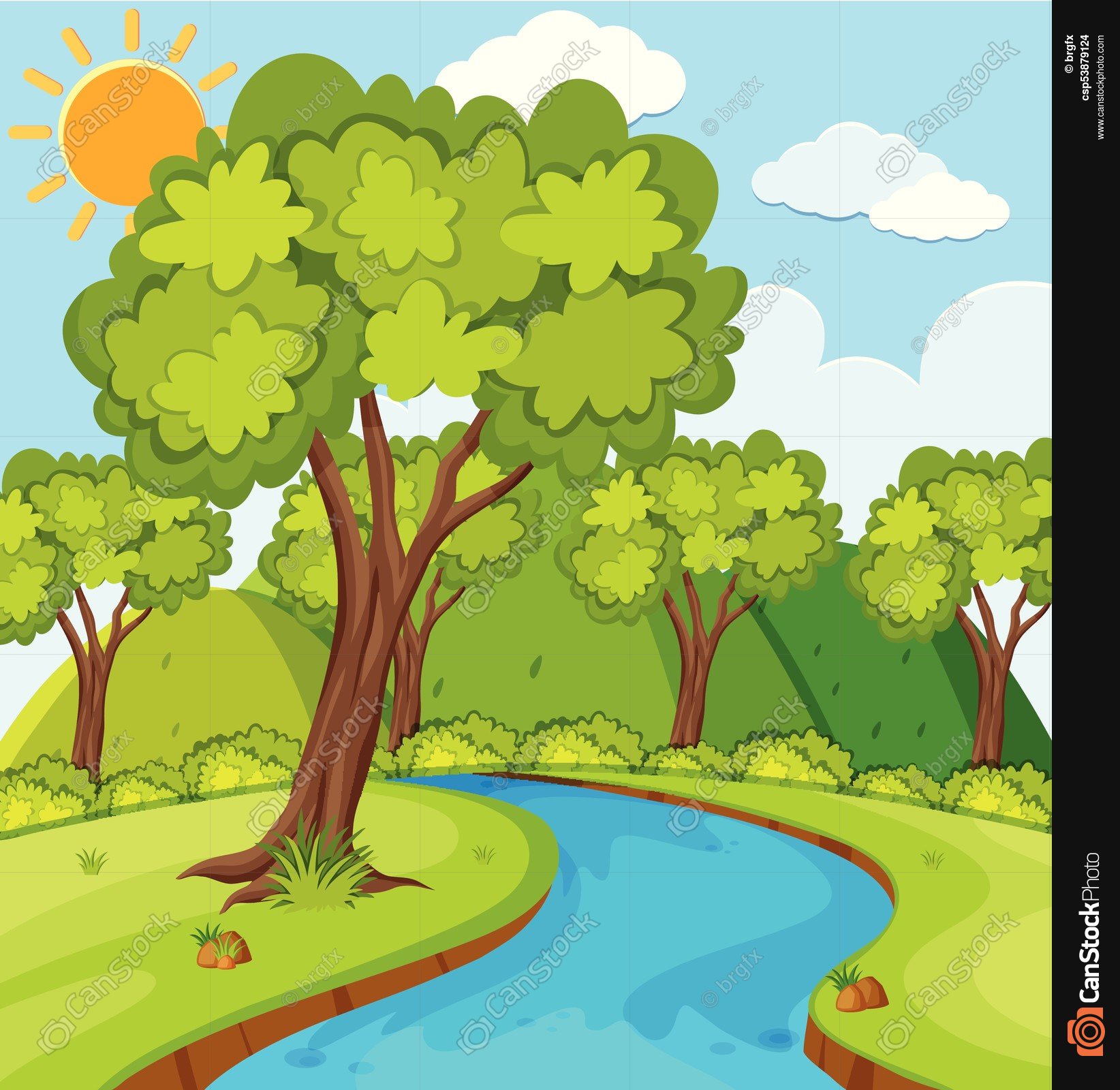 Forest scene with trees and river illustration vector illustration ...