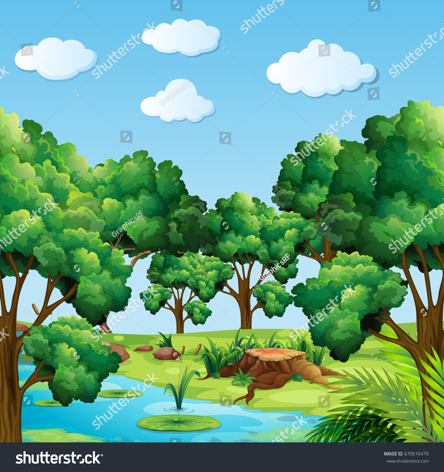 Forest Scene Many Trees River Illustration Stock Vector HD (Royalty ...