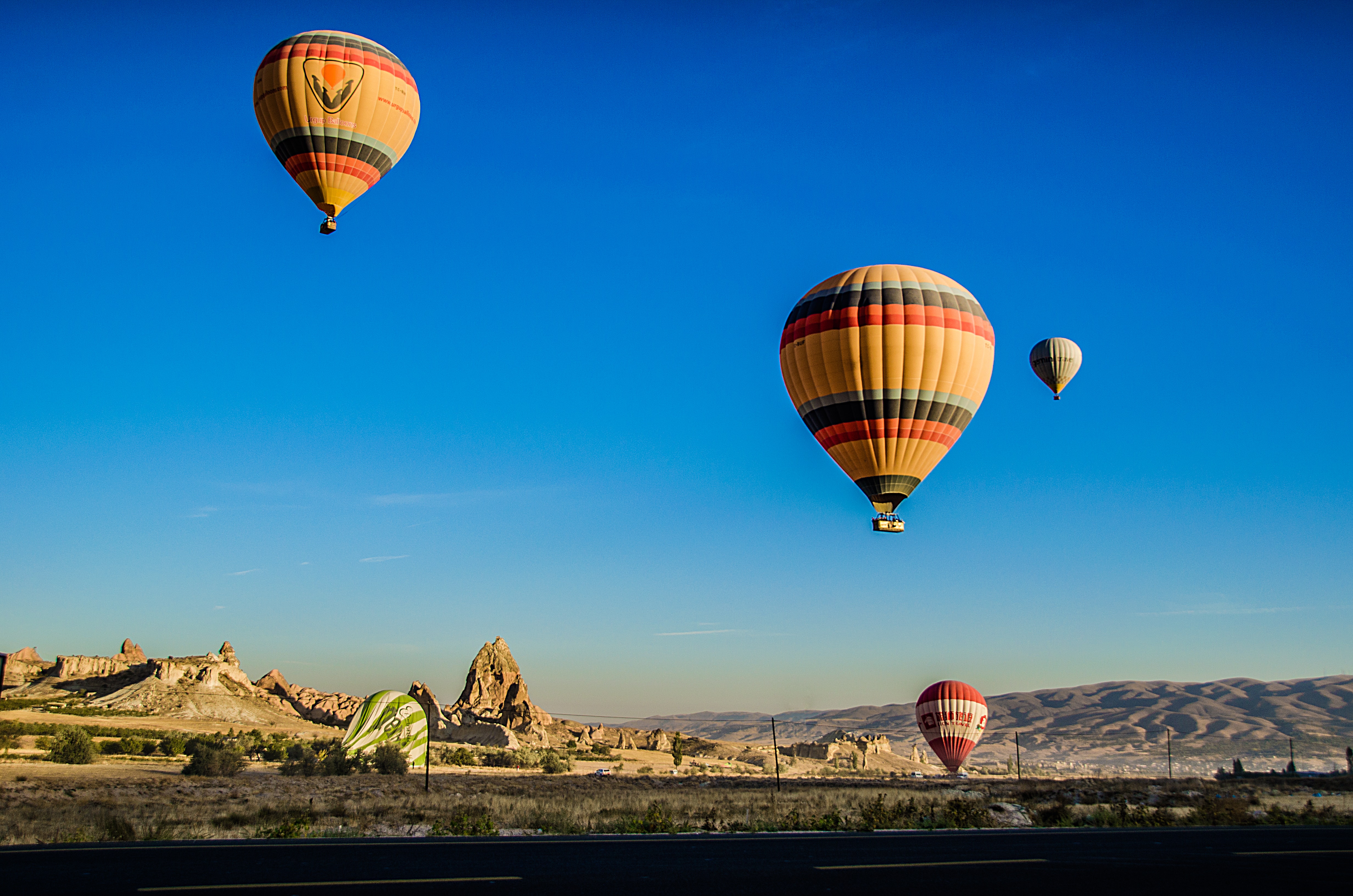 Four beige hot air balloons flying photo