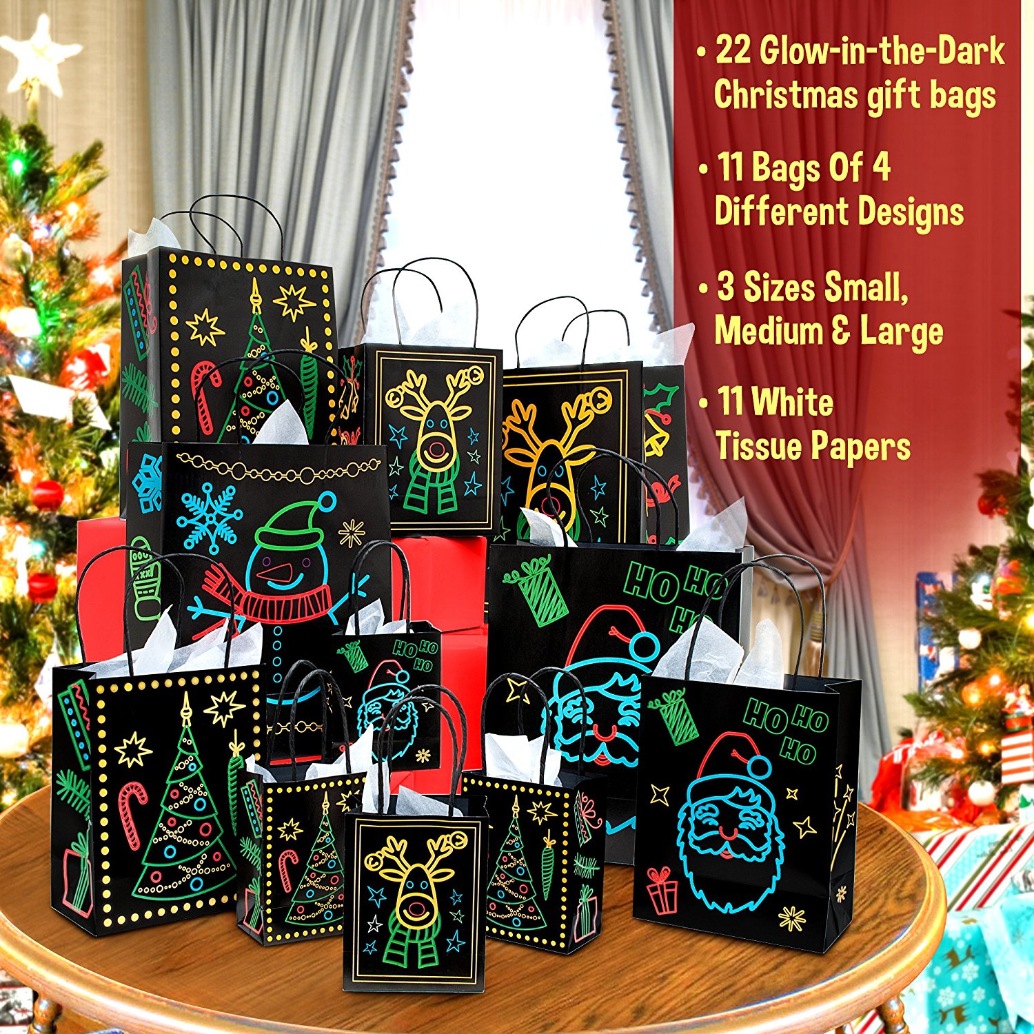 Amazon.com: Christmas Holiday Glow-In-The-Dark Gift Bag | 22 Piece ...