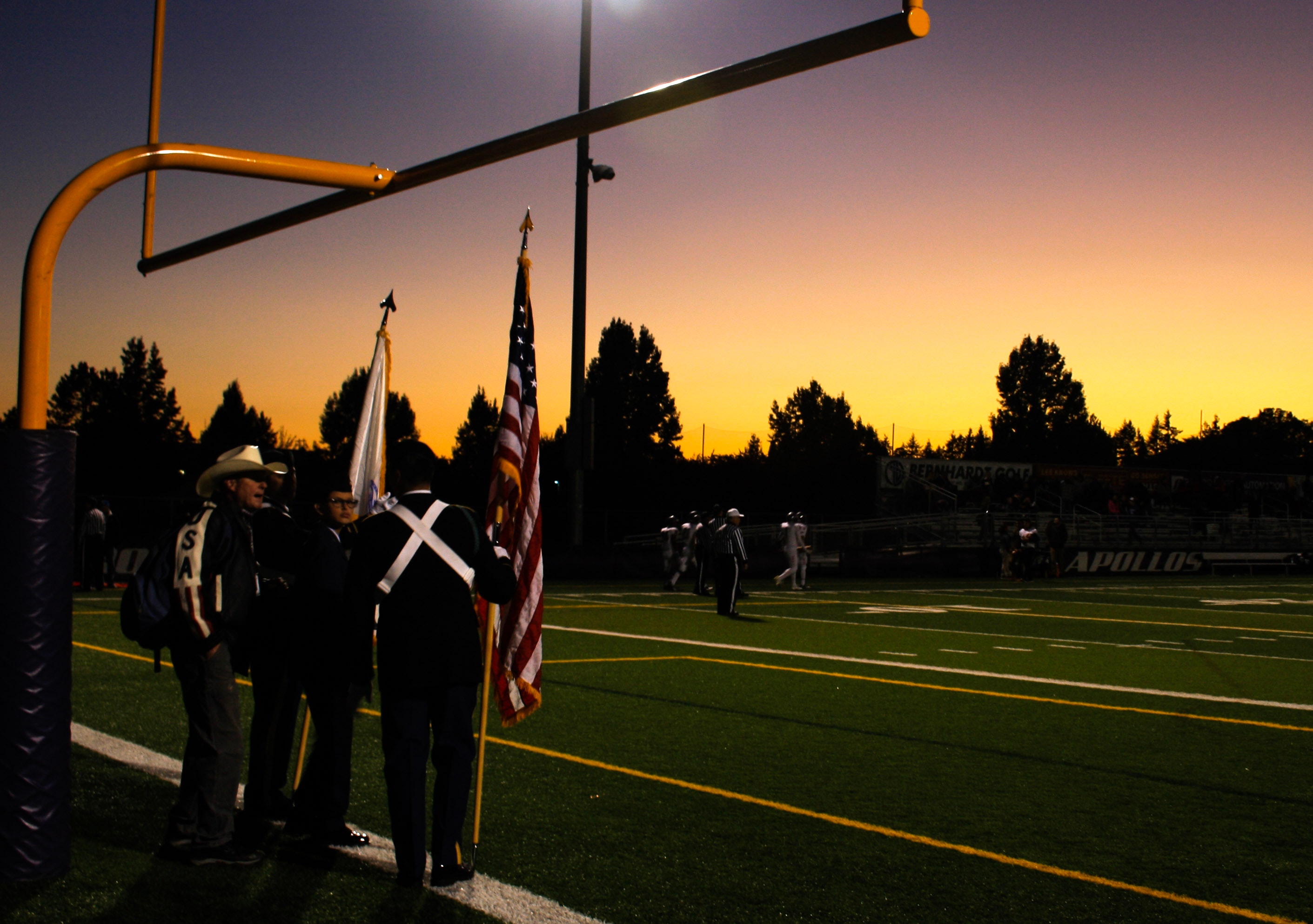 Four People Standing Under on Football Goal during Sunrise, America, Patriotism, United states of america, Trees, HQ Photo