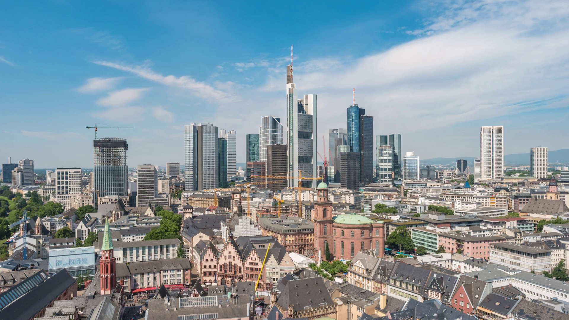 Frankfurt aerial view city skyline timelapse at business district ...