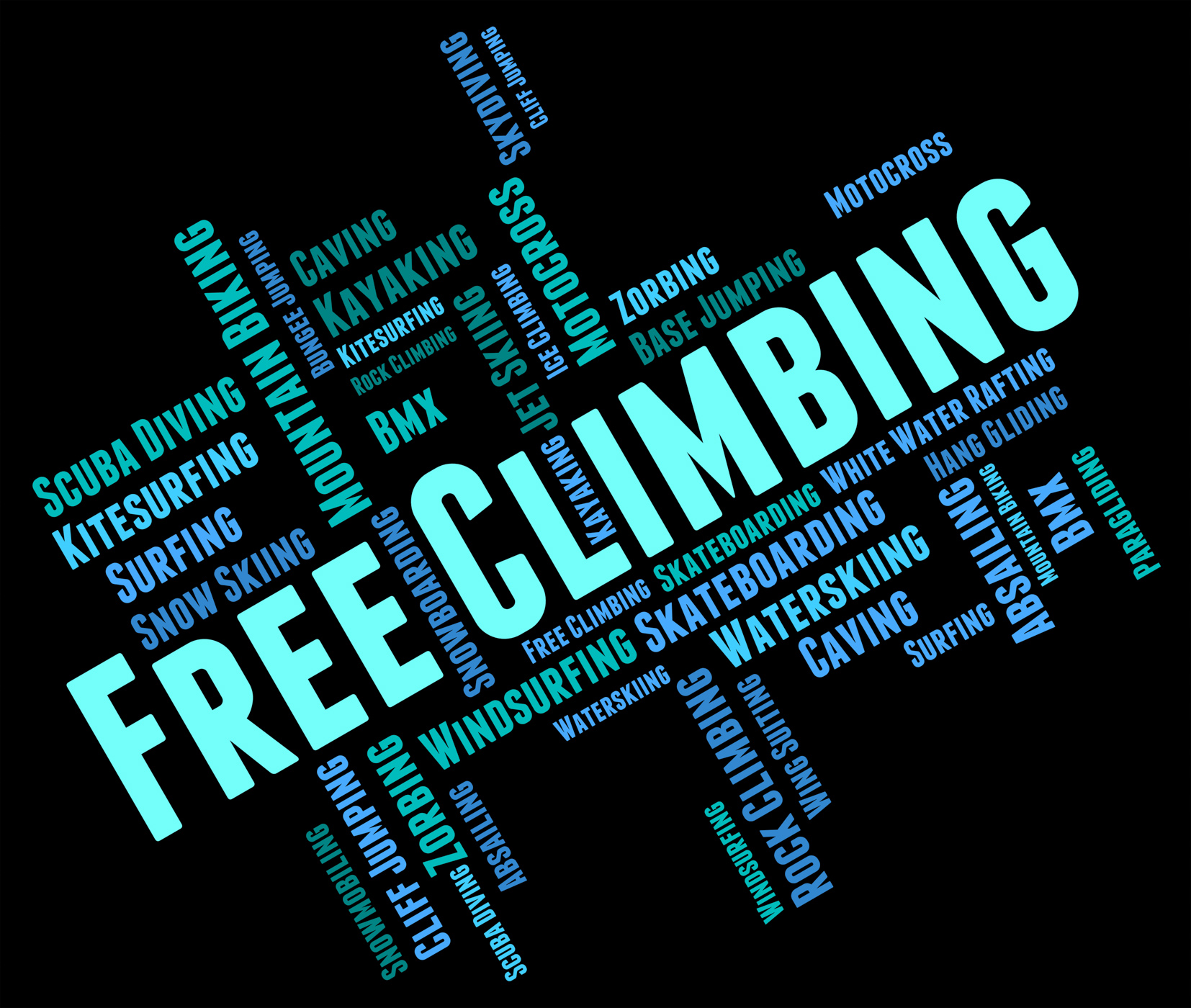 Free climbing words indicates extreme adventure and climber photo