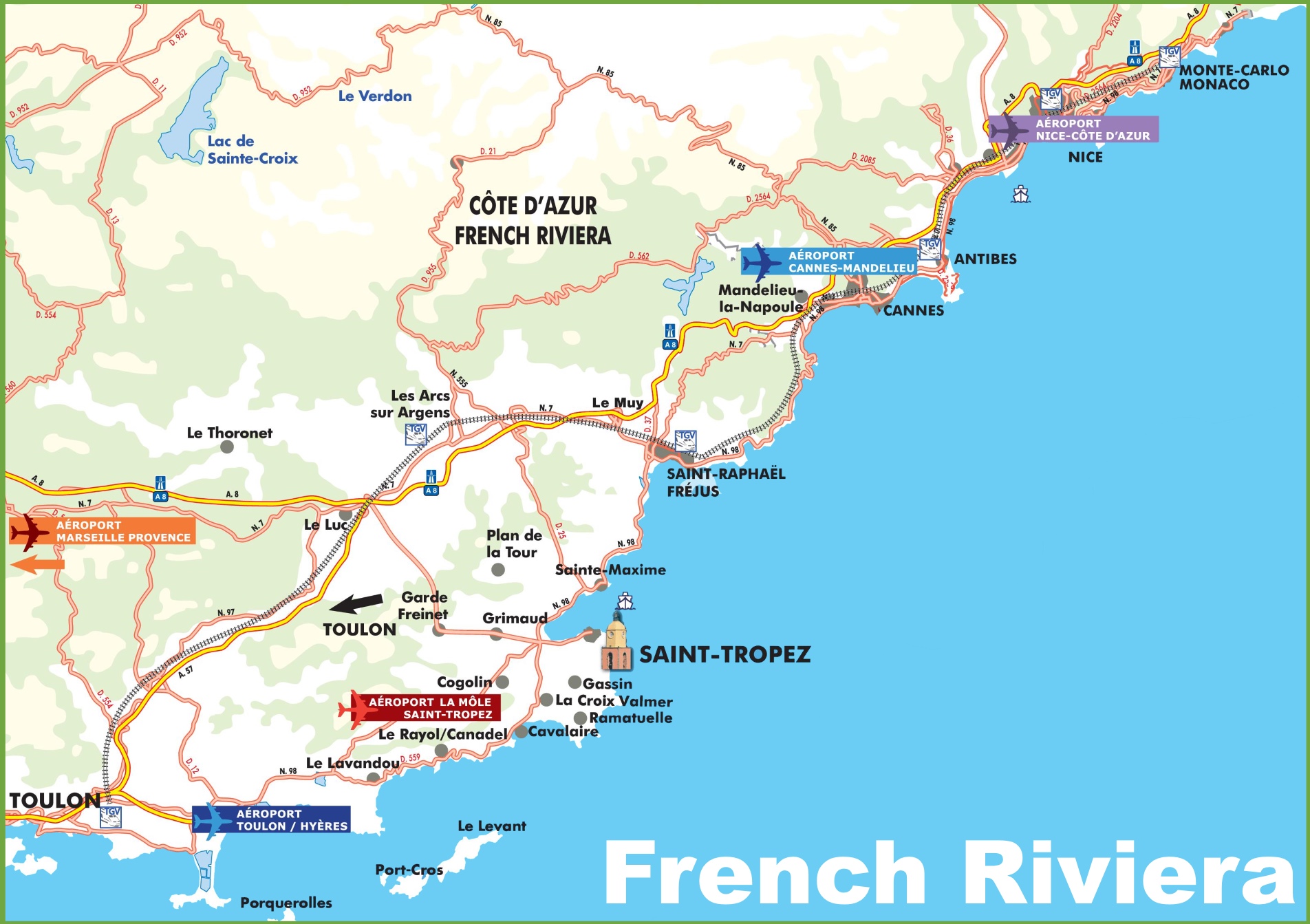 Map of French Riviera with cities and towns ﻿