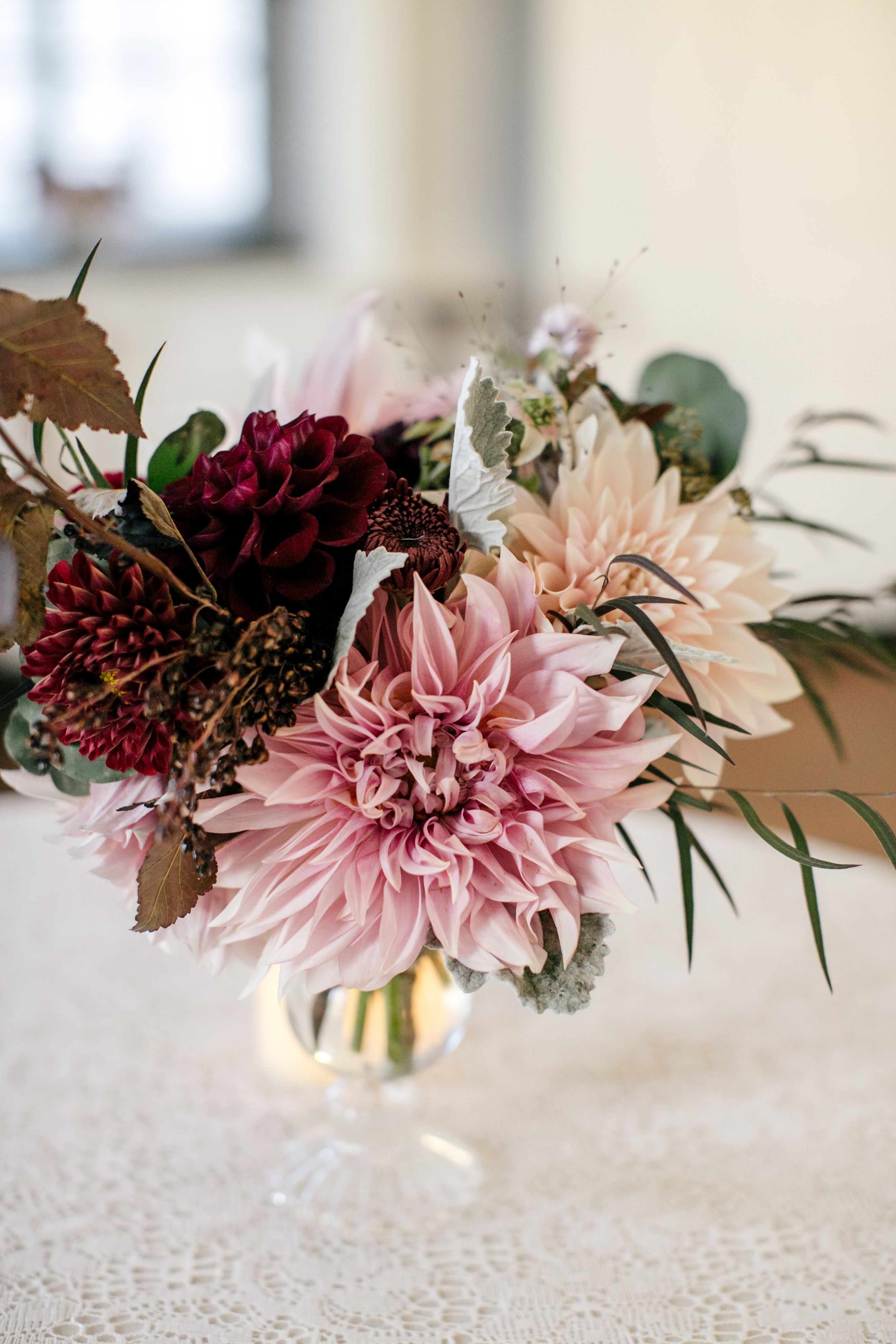 Small autumn centerpieces featuring dahlias and antique mums ...