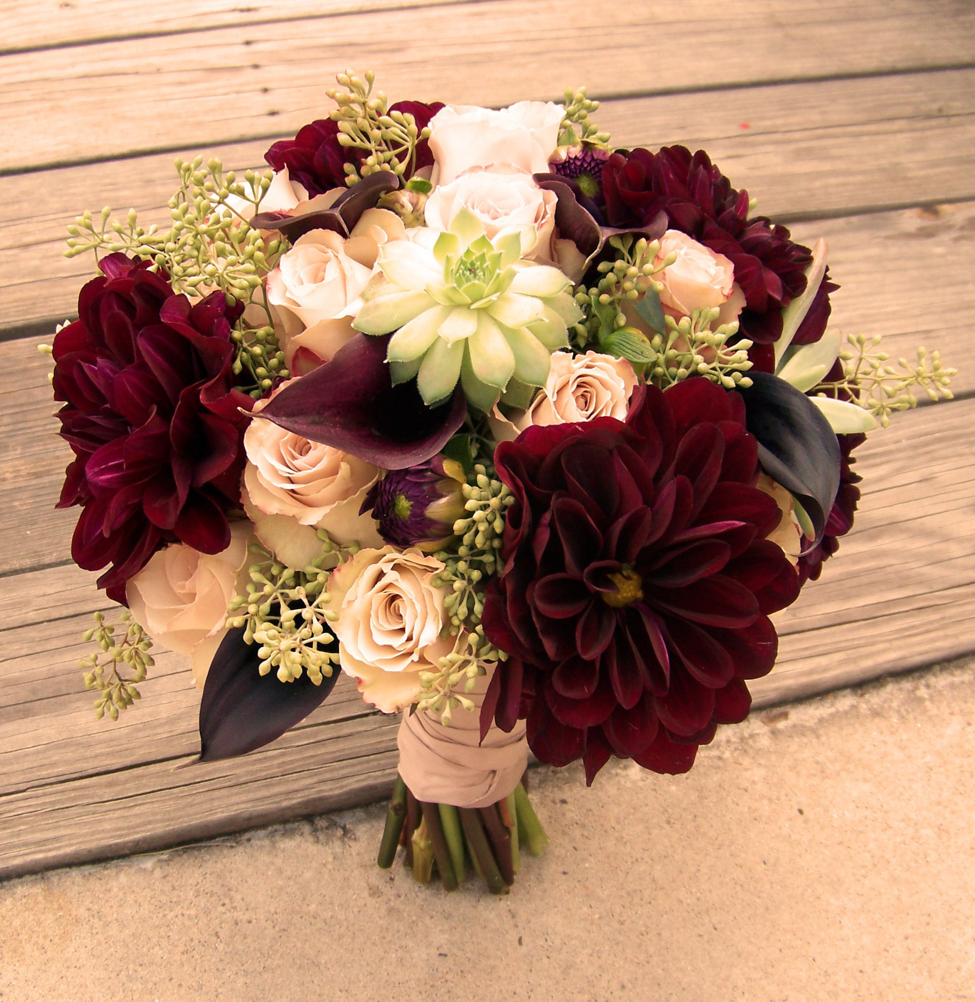 Bouquet Of Quicksand Roses Burgundy Dahlia and Succulents ...
