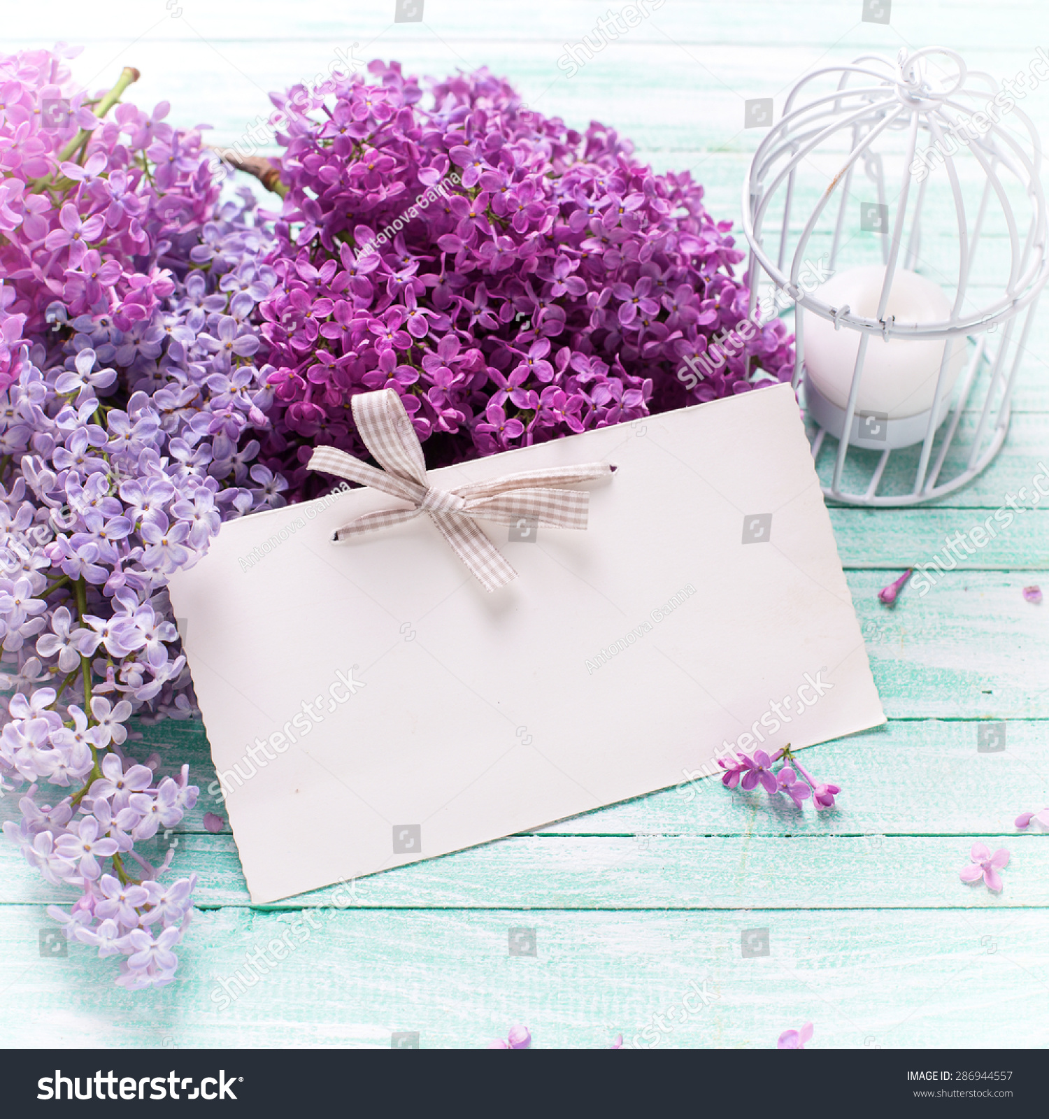 Background Fresh Lilac Flowers Candle Empty Stock Photo (Royalty ...