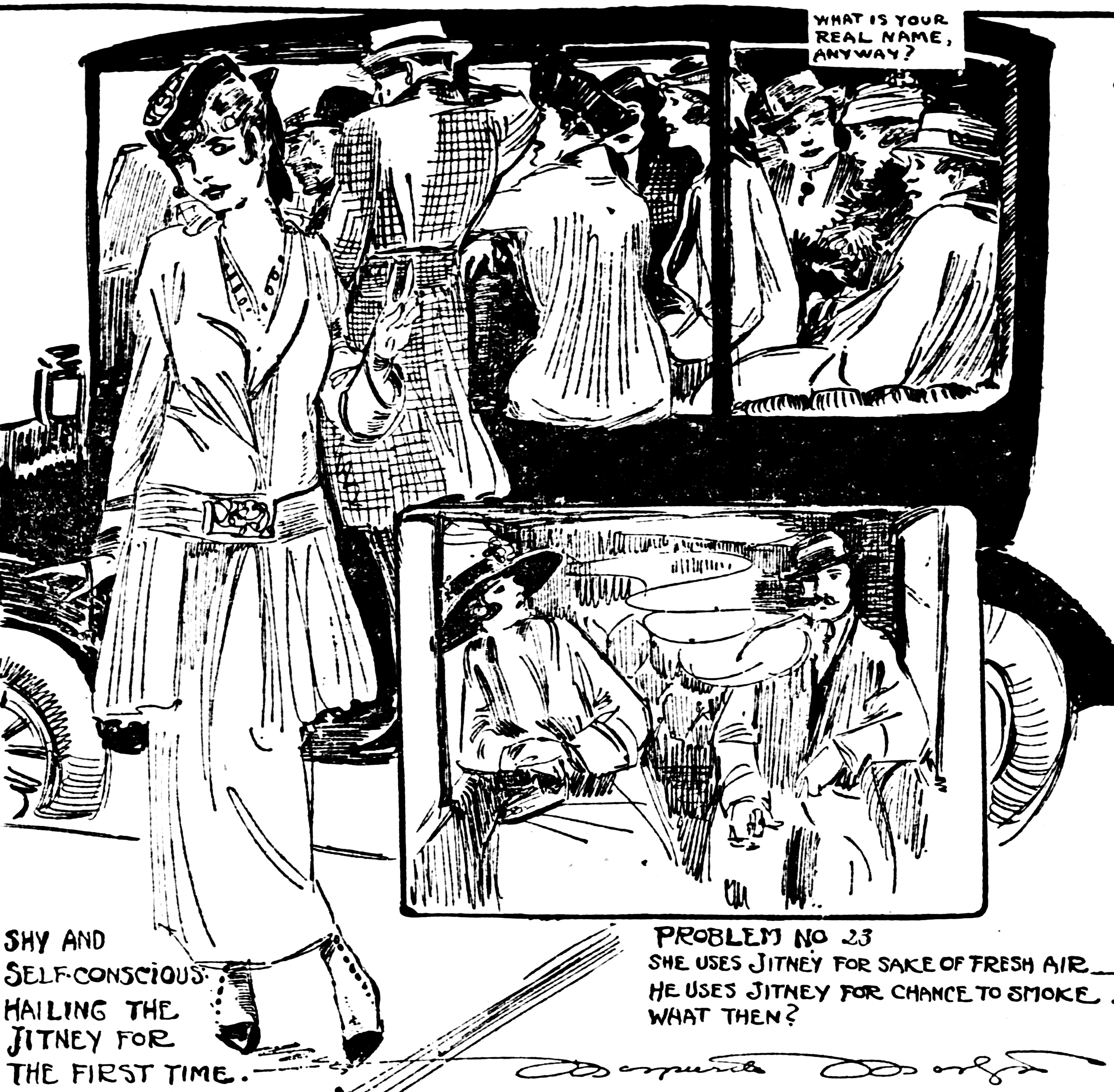 File:Cartoon by Marguerite Martyn showing jitney bus and passengers ...